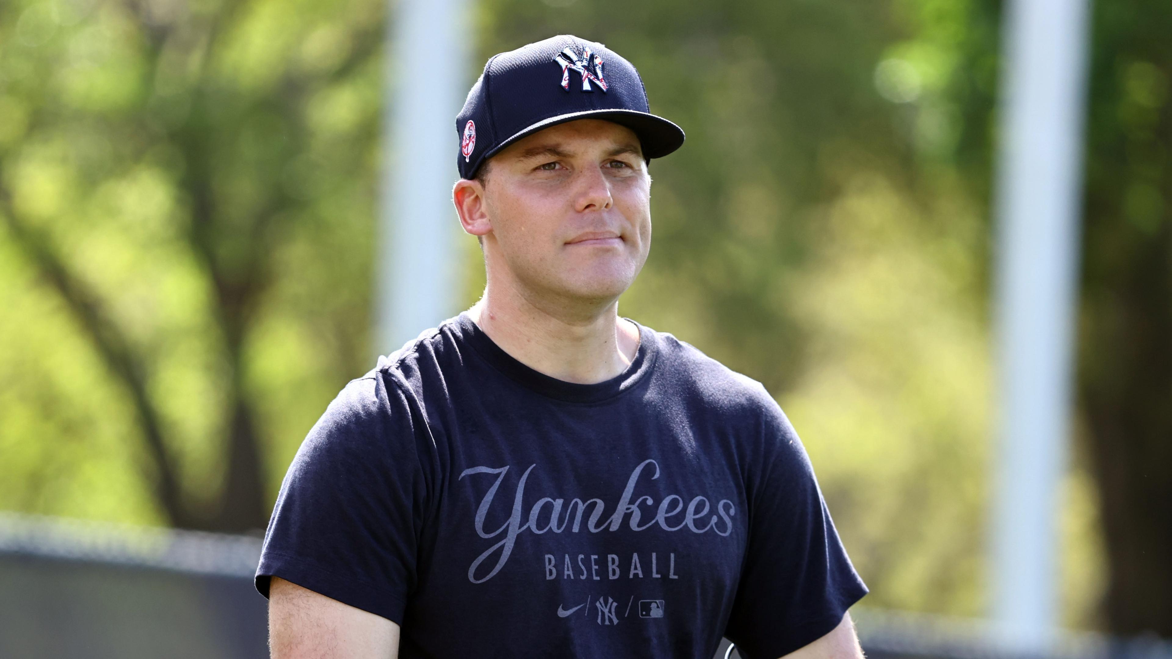 Mar 15, 2022; Tampa, FL, USA; New York Yankees catcher Ben Rortvedt (38) looks on during spring training workouts at George M. Steinbrenner Field. Mandatory Credit: Kim Klement-USA TODAY Sports / © Kim Klement-USA TODAY Sports