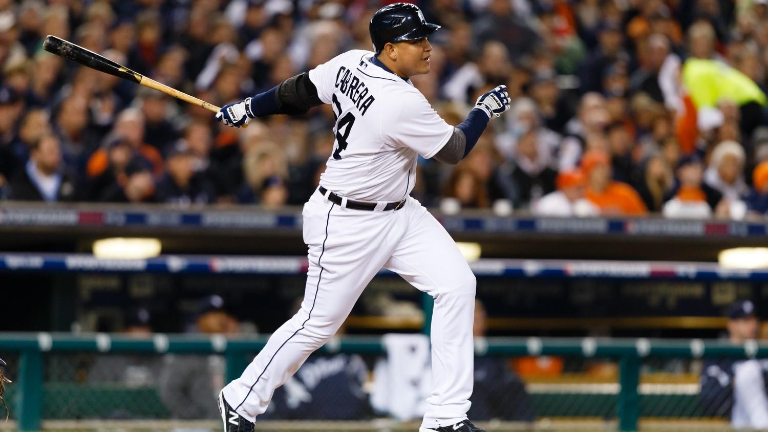 Oct 16, 2012; Detroit, MI, USA; Detroit Tigers third baseman Miguel Cabrera (24) during game three of the 2012 ALCS against the New York Yankees at Comerica Park. / Rick Osentoski-USA TODAY Sports