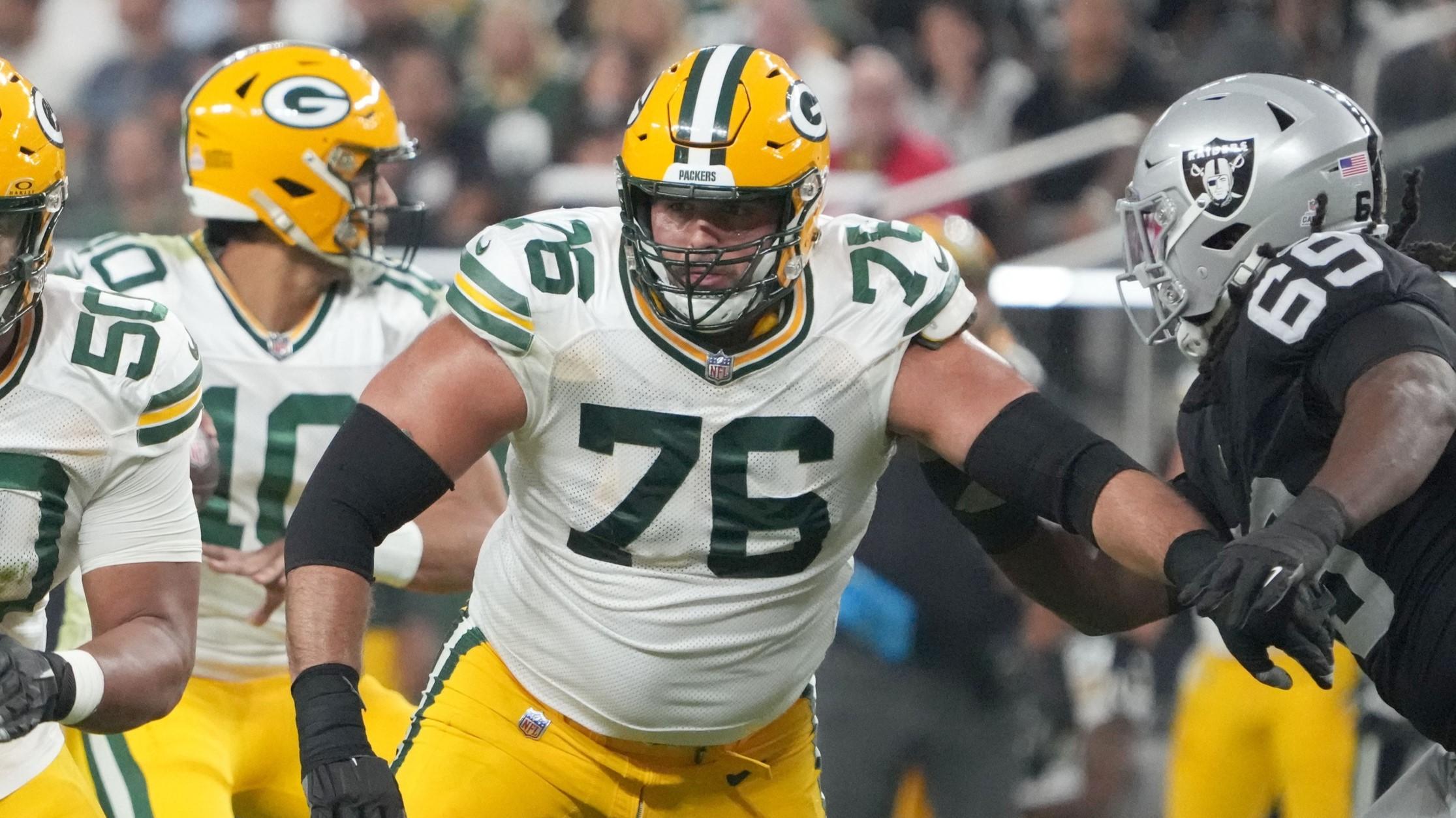 Oct 9, 2023; Paradise, Nevada, USA; Green Bay Packers guard Zach Tom (50) and guard Jon Runyan (76) against the Las Vegas Raiders in the first half at Allegiant Stadium. / Kirby Lee-USA TODAY Sports