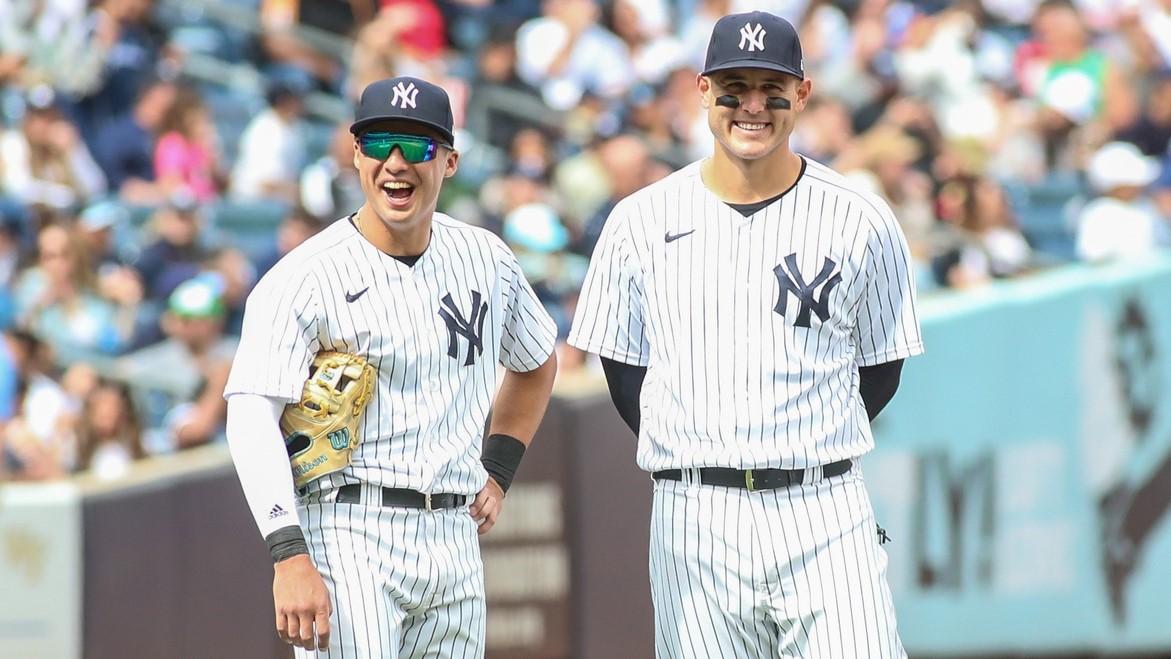 Apr 22, 2023; Bronx, New York, USA; New York Yankees shortstop Anthony Volpe (11) and first baseman Anthony Rizzo (48) at Yankee Stadium. / Wendell Cruz-USA TODAY Sports