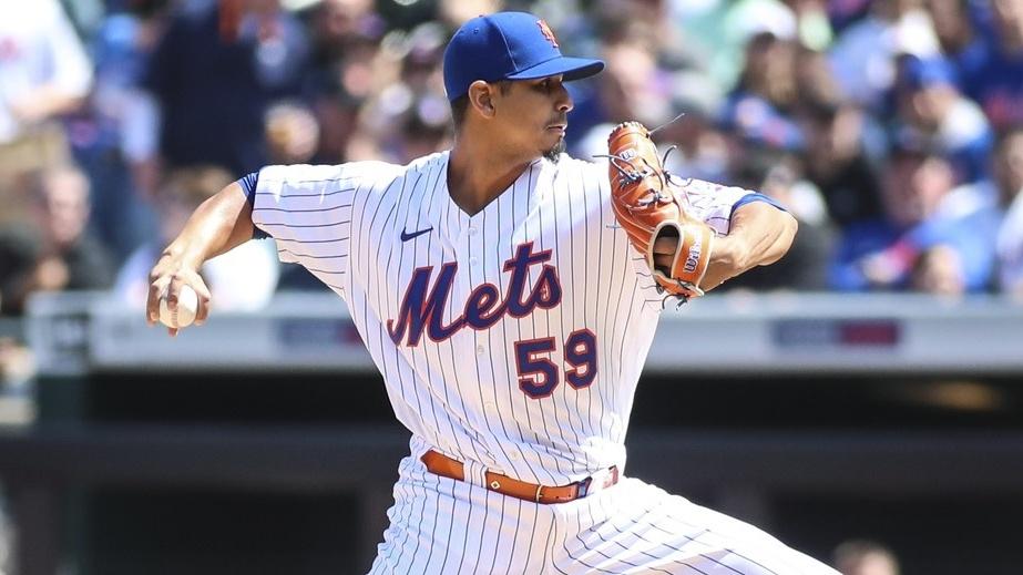 Apr 16, 2022; New York City, New York, USA; New York Mets starting pitcher Carlos Carrasco (59) pitches in the first inning against the Arizona Diamondbacks at Citi Field. / Wendell Cruz-USA TODAY Sports