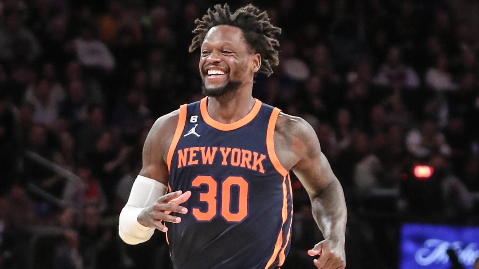 Feb 25, 2023; New York, New York, USA; New York Knicks forward Julius Randle (30) smiles after scoring against the New Orleans Pelicans in the fourth quarter at Madison Square Garden. / Wendell Cruz-USA TODAY Sports