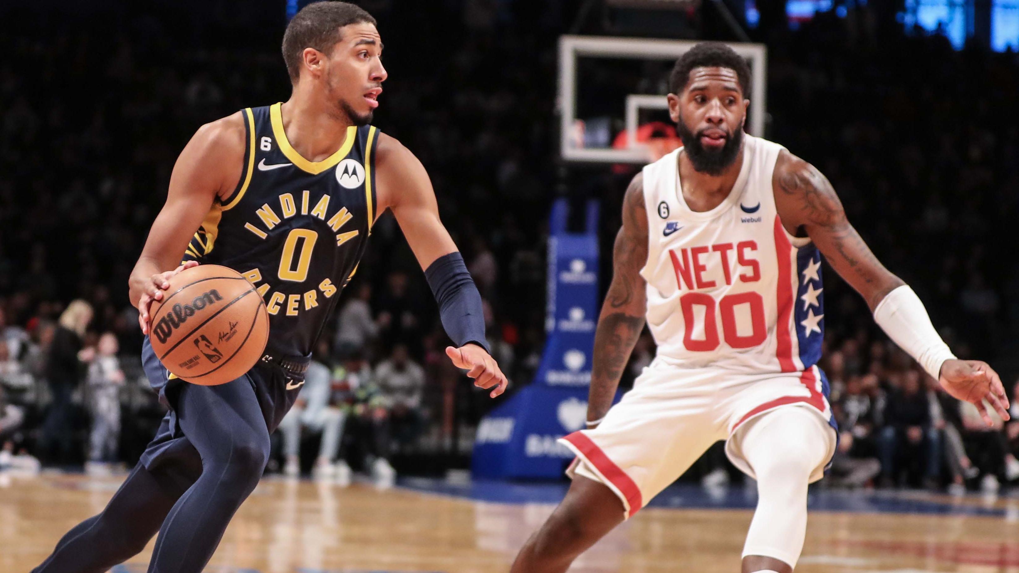 Indiana Pacers guard Tyrese Haliburton (0) dribbles the ball against Brooklyn Nets forward Royce O'Neale (00) in the first quarter at Barclays / Wendell Cruz - USA TODAY Sports