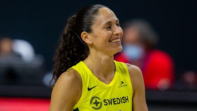 Oct 4, 2020; Bradenton, Florida, USA; Seattle Storm guard Sue Bird (10) laughs during game two of the 2020 WNBA Finals at IMG Academy. / Mary Holt-USA TODAY Sports