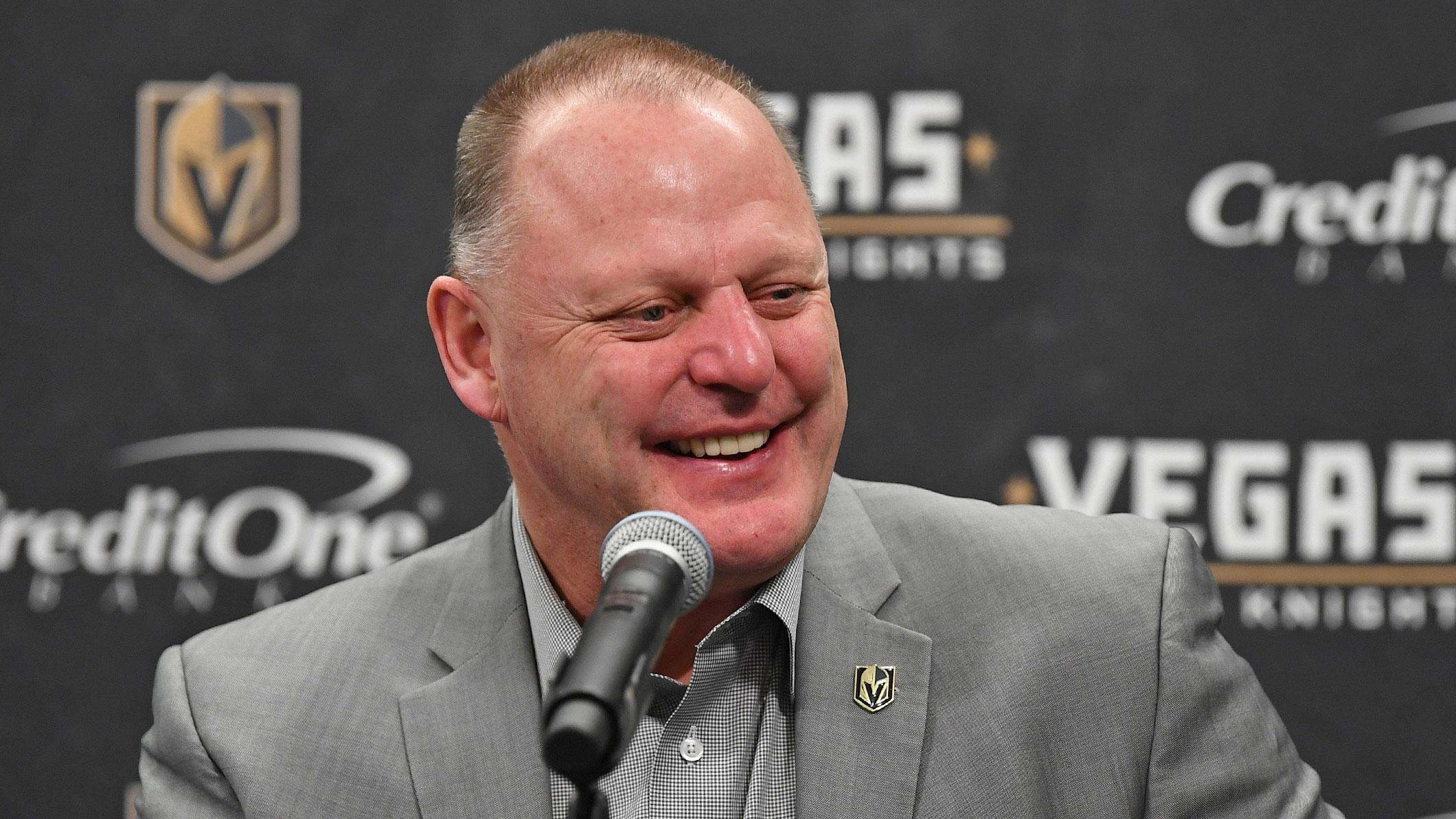 Feb 17, 2018; Las Vegas, NV, USA; Vegas Golden Knights head coach Gerard Gallant speaks with the media after the Golden Knights defeated the Montreal Canadiens at T-Mobile Arena. / Stephen R. Sylvanie-USA TODAY Sports