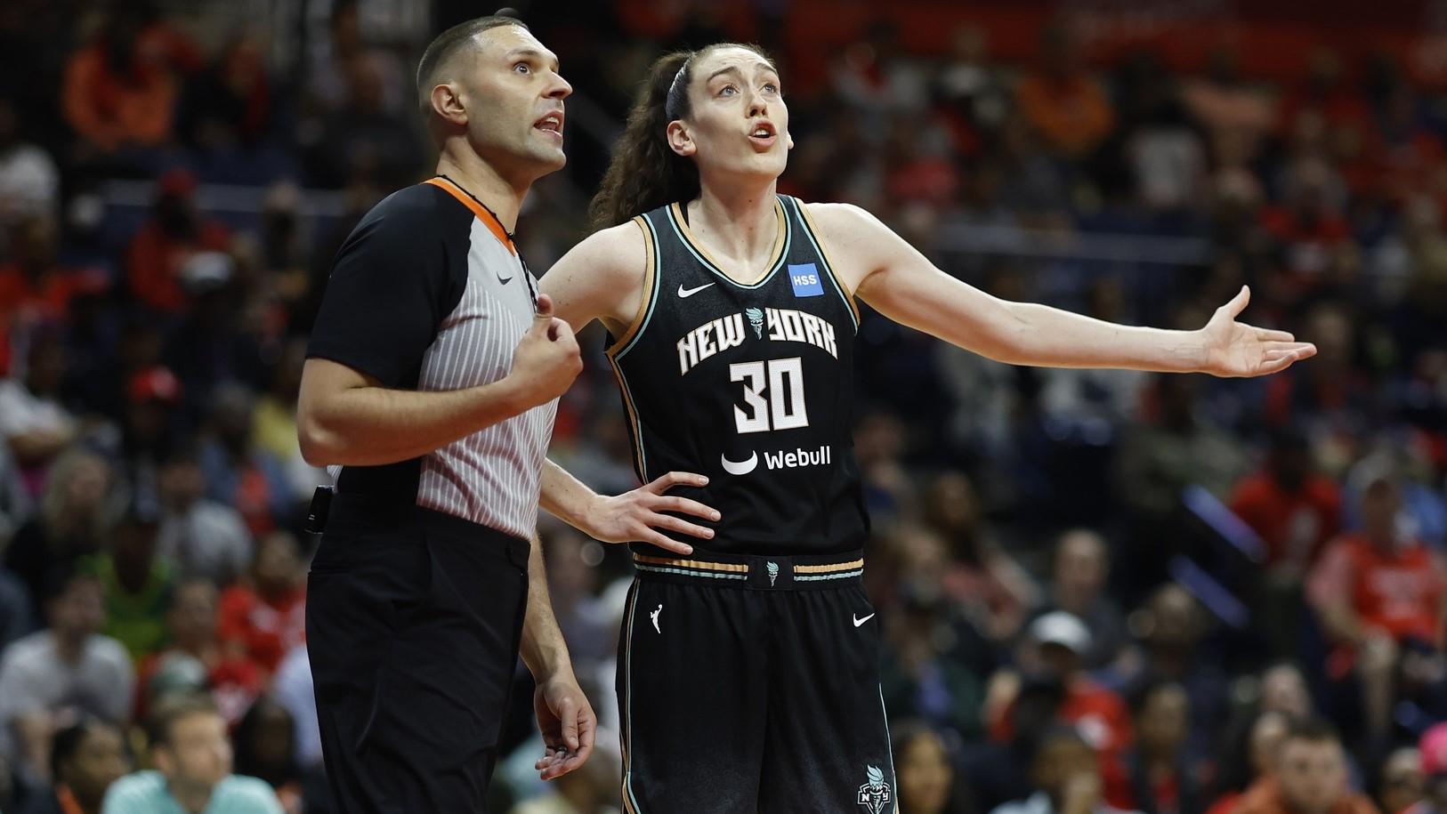 May 19, 2023; Washington, District of Columbia, USA; New York Liberty forward Breanna Stewart (30) argues with referee Ryan Sassano (L) after being called for a foul against the Washington Mystics in the third quarter at Entertainment & Sports Arena. / Geoff Burke-USA TODAY Sports