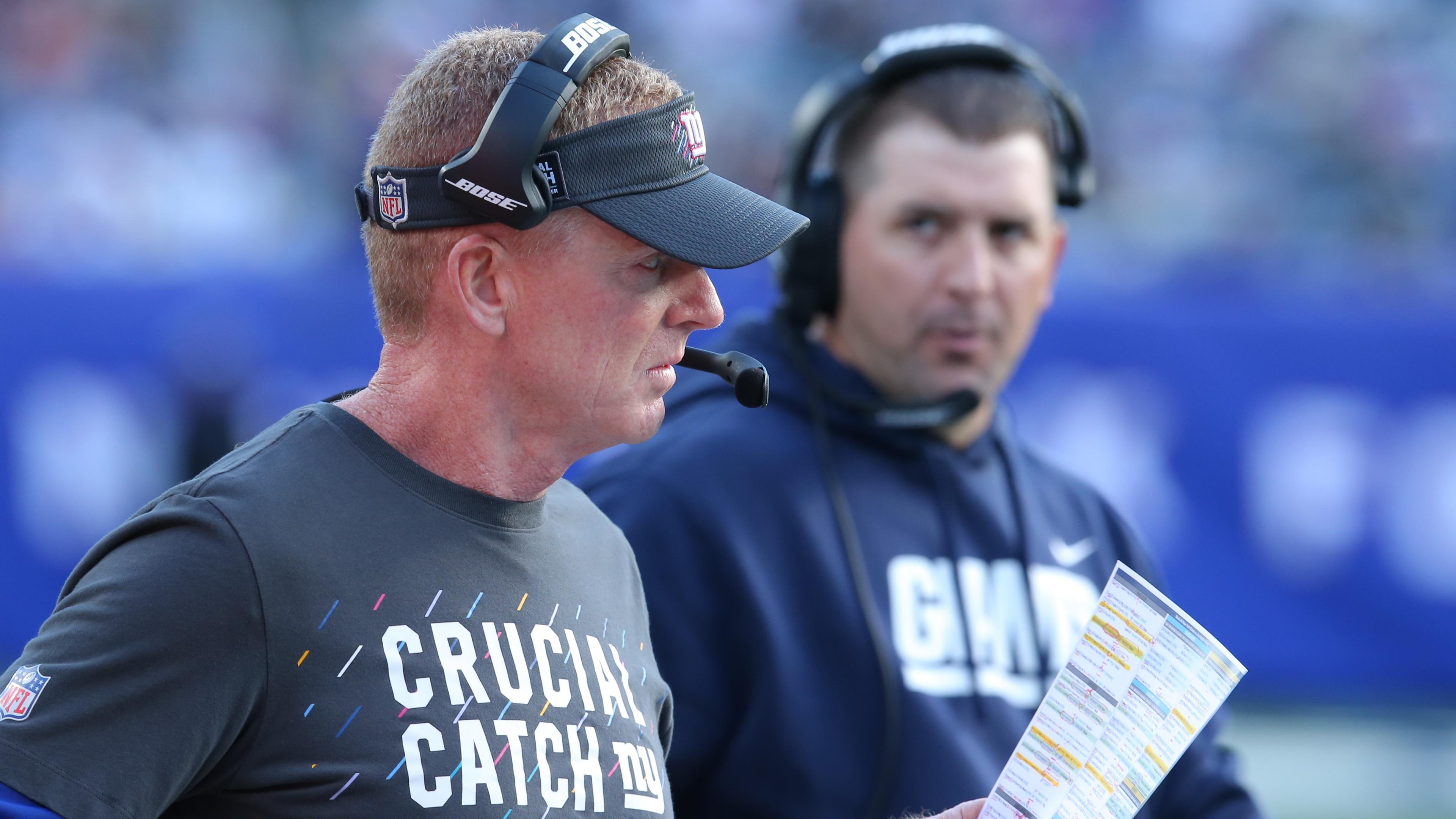 New York Giants head coach Joe Judge and offensive coordinator Jason Garrett on the sidelines during the fourth quarter at MetLife Stadium. / Brad Penner-USA TODAY Sports