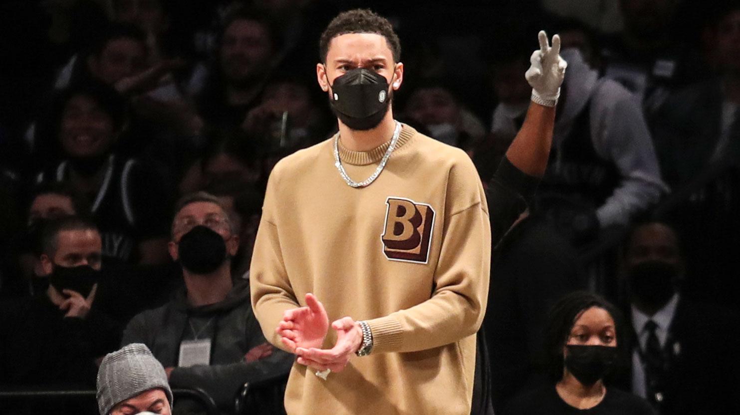 Feb 17, 2022; Brooklyn, New York, USA; Brooklyn Nets guard Ben Simmons (10) applauds for his teammates in the third quarter against the Washington Wizards at Barclays Center. / Wendell Cruz-USA TODAY Sports
