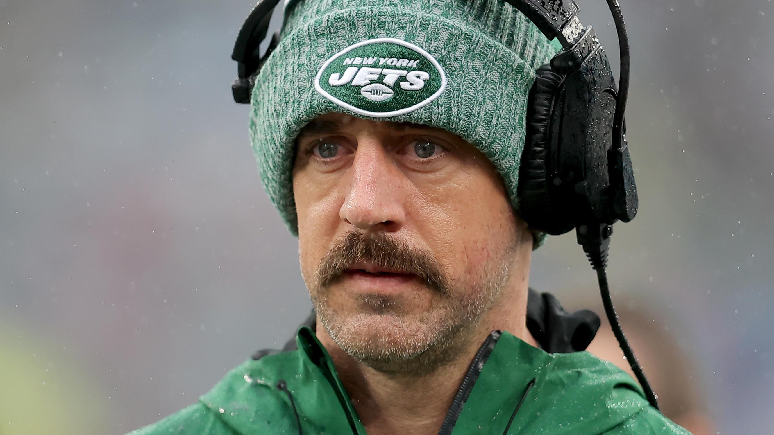 Dec 3, 2023; East Rutherford, New Jersey, USA; New York Jets quarterback Aaron Rodgers (8) reacts on the sideline during the first quarter against the Atlanta Falcons at MetLife Stadium. Mandatory Credit: Brad Penner-USA TODAY Sports / © Brad Penner-USA TODAY Sports