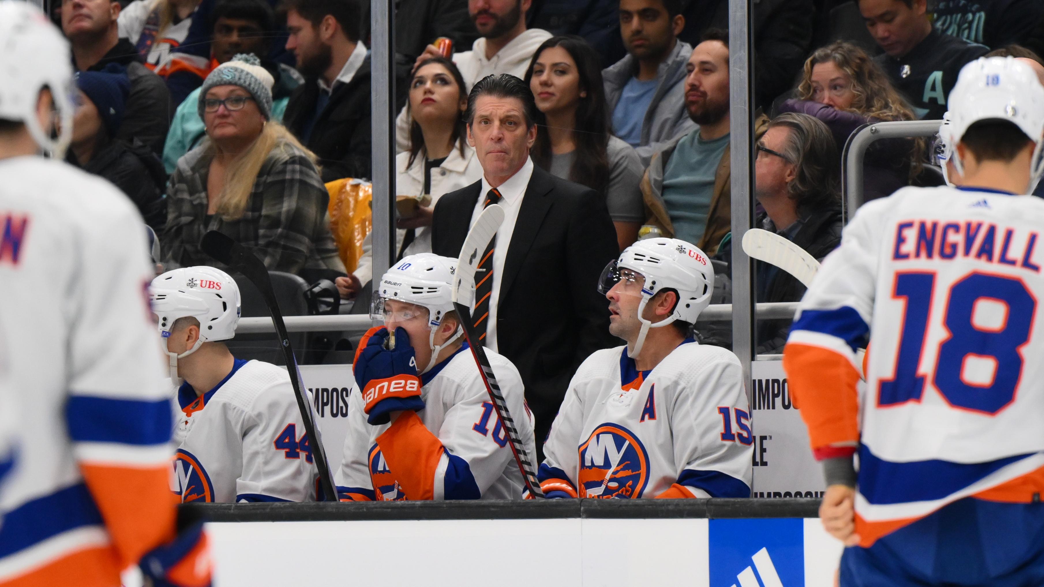 New York Islanders head coach Lane Lambert during the second period against the Seattle Kraken at Climate Pledge Arena / Steven Bisig - USA TODAY Sports