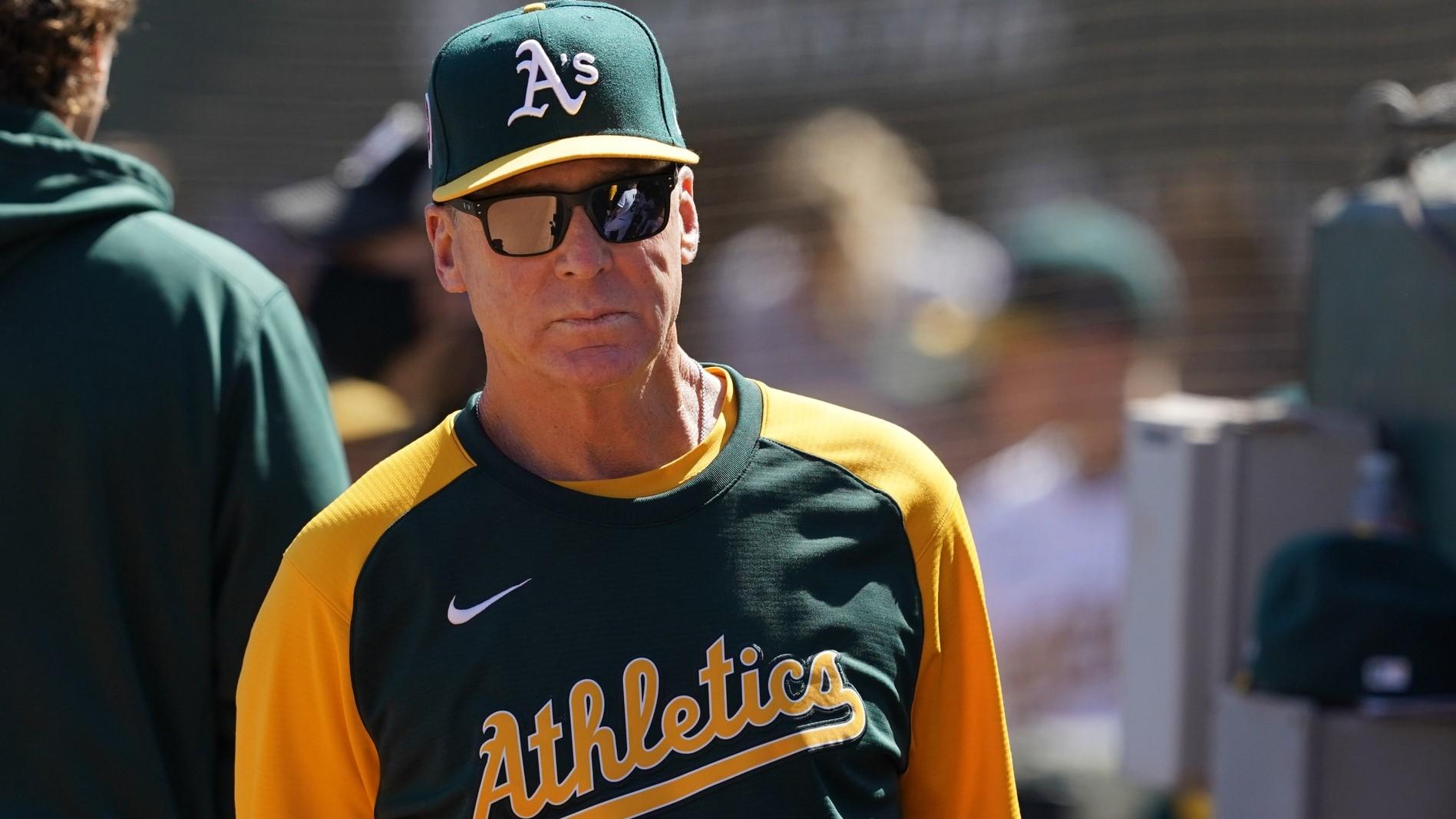 Sep 11, 2021; Oakland, California, USA; Oakland Athletics manager Bob Melvin (6) stands outside of the dugout during the sixth inning against the Texas Rangers at RingCentral Coliseum. / Darren Yamashita-USA TODAY Sports