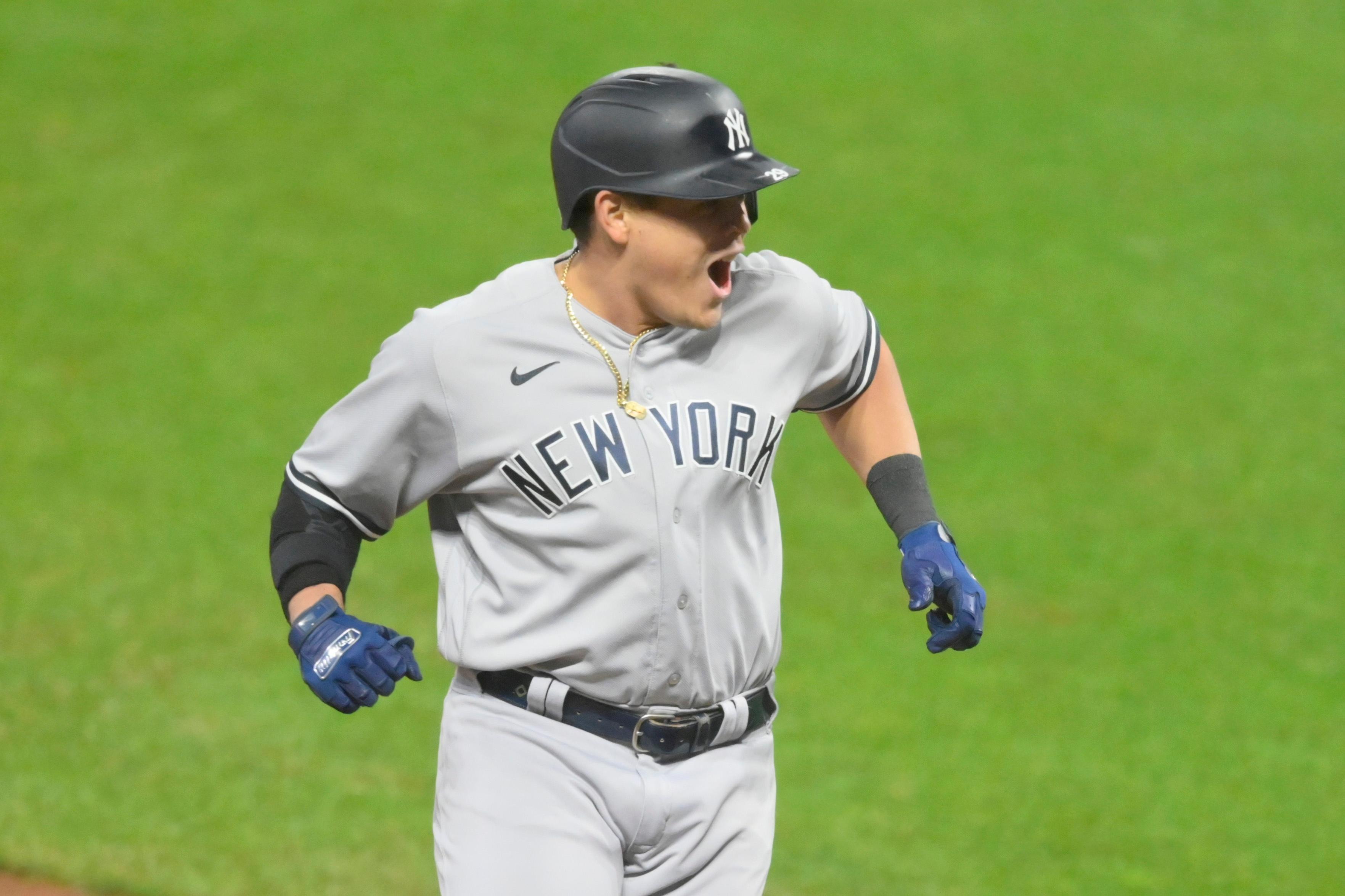 New York Yankees third baseman Gio Urshela (29) celebrates his grand slam in the fourth inning against the Cleveland Indians at Progressive Field. / David Richard - USA Today Sports