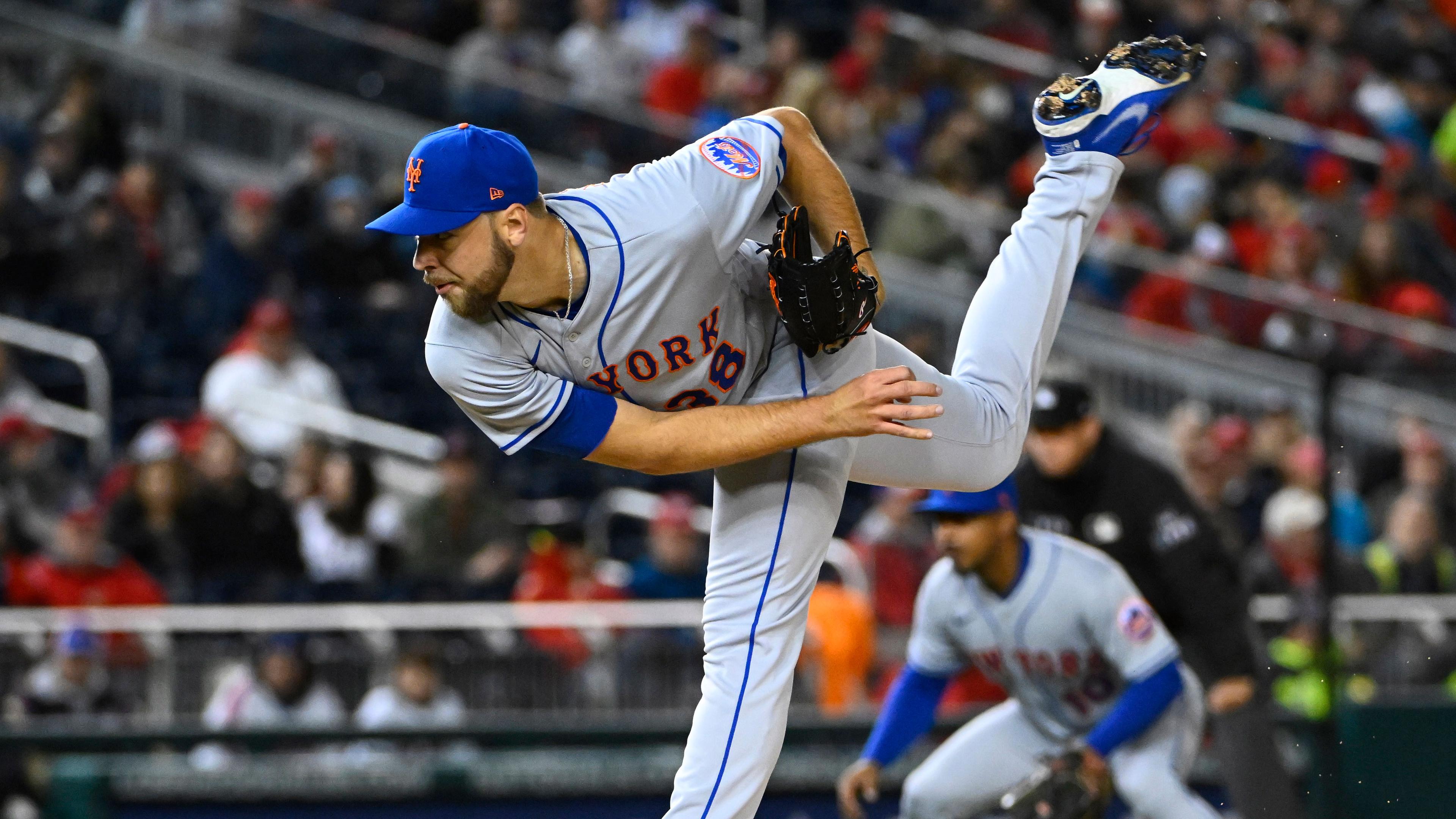 Apr 7, 2022; Washington, District of Columbia, USA; New York Mets starting pitcher Tylor Megill (38) throws a pitch against the Washington Nationals during the first inning at Nationals Park. / Brad Mills-USA TODAY Sports