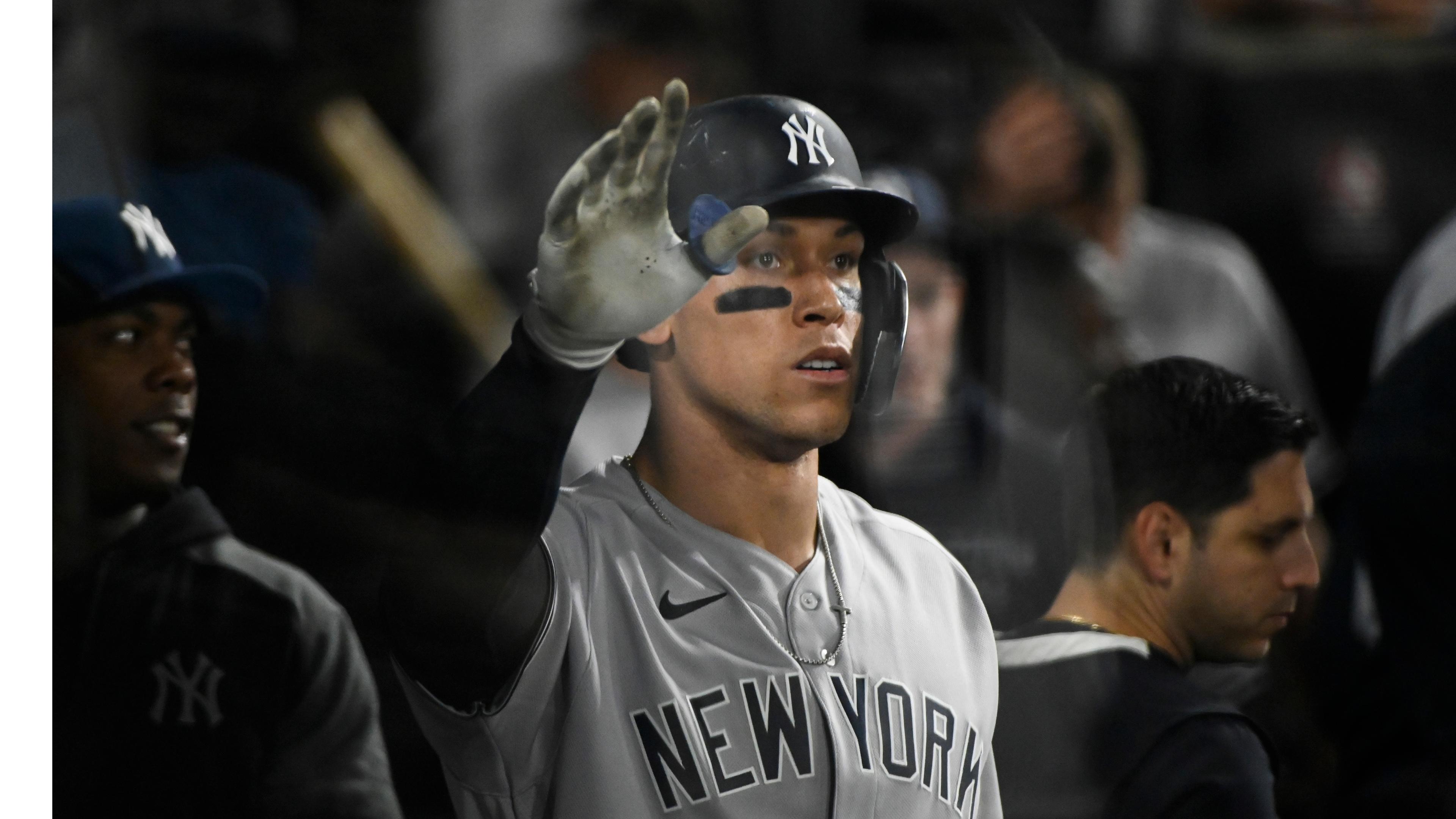 New York Yankees right fielder Aaron Judge (99) in the dugout after he hits a home run during the eighth inning against the Chicago White Sox at Guaranteed Rate Field. / Matt Marton - USA TODAY Sports
