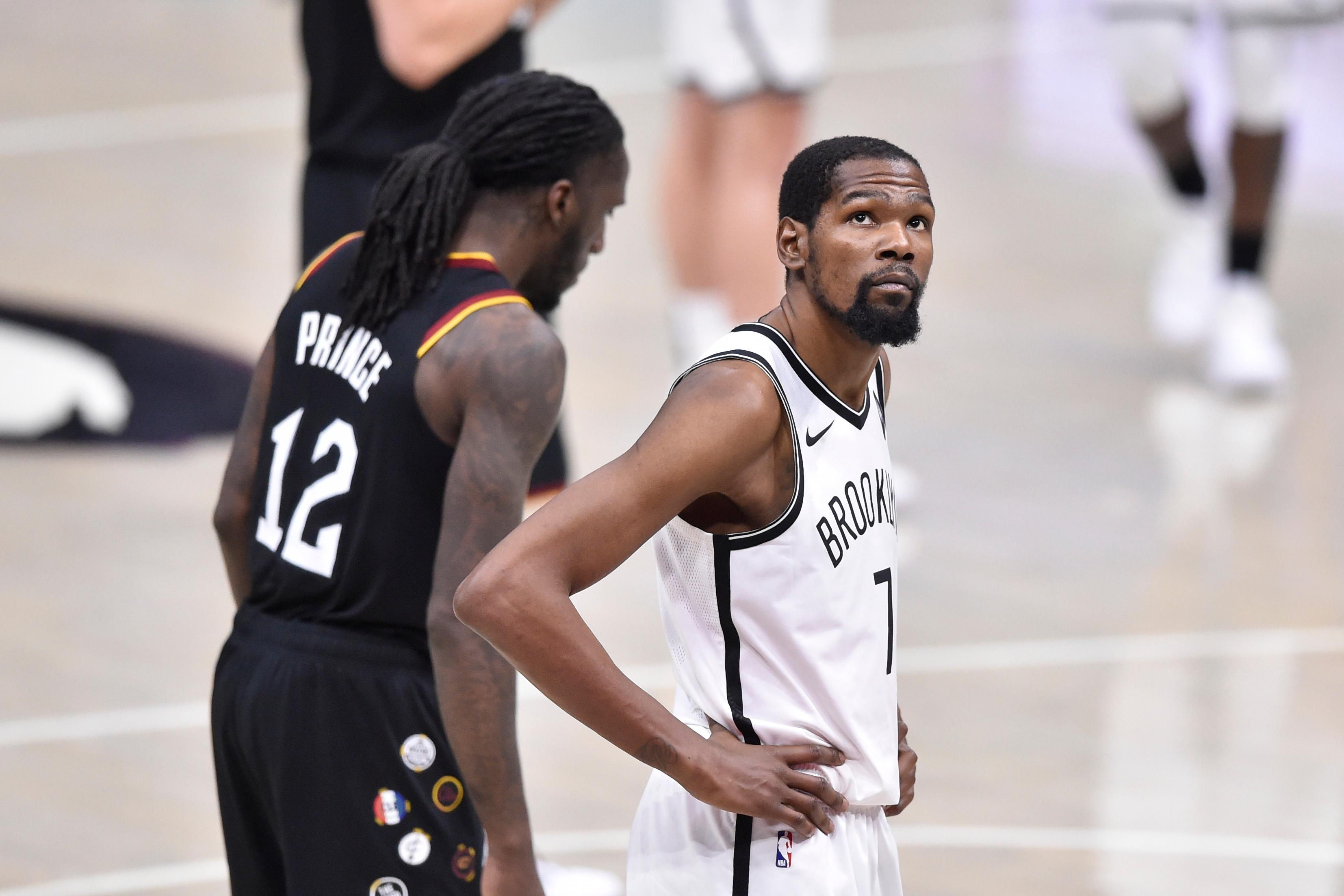 Jan 20, 2021; Cleveland, Ohio, USA;Brooklyn Nets forward Kevin Durant (7) react in the fourth quarter against the Cleveland Cavaliers at Rocket Mortgage FieldHouse. / David Richard-USA TODAY Sports