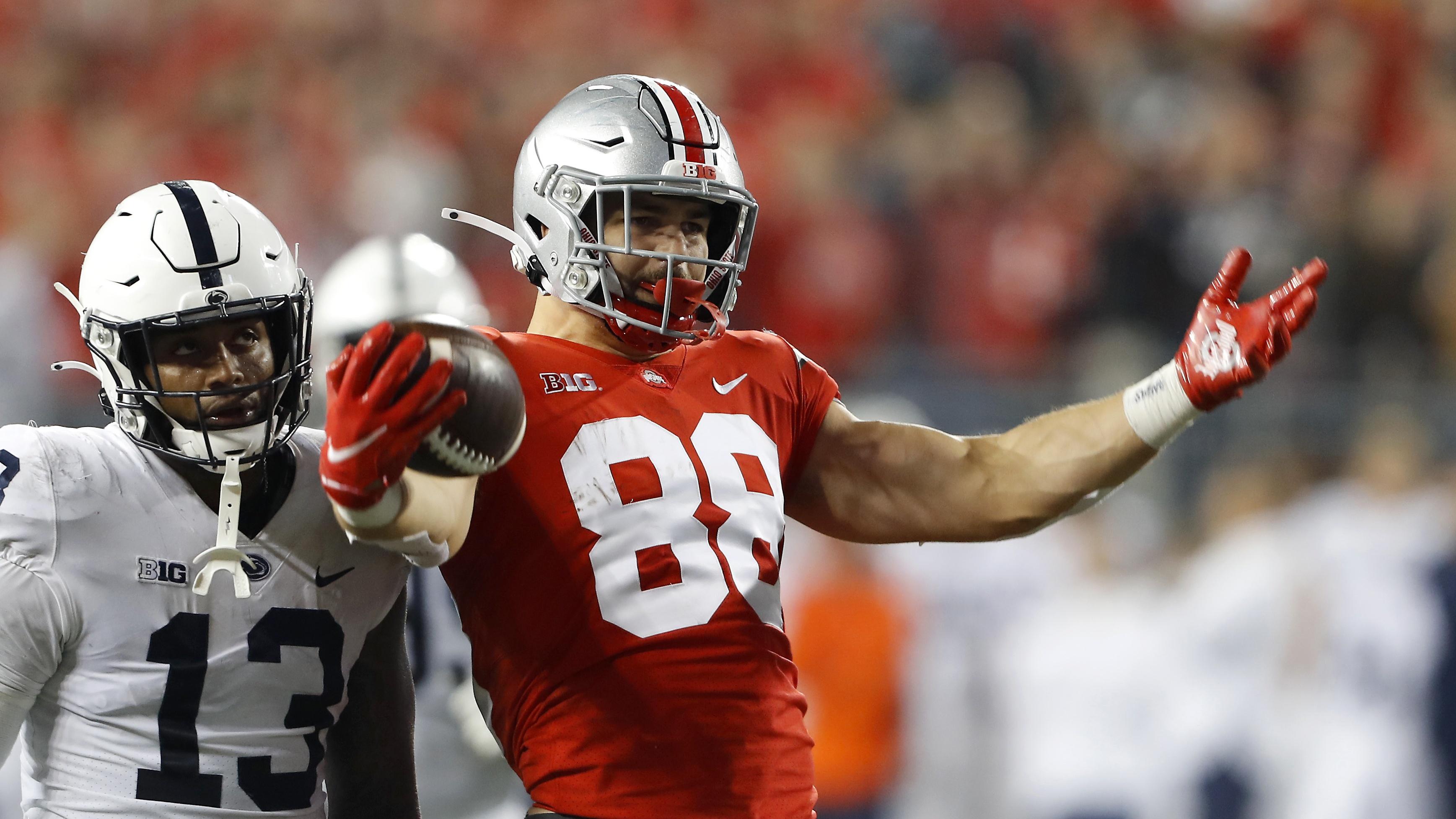 Oct 30, 2021; Columbus, Ohio, USA; Ohio State Buckeyes tight end Jeremy Ruckert (88) celebrates the first down catch in the fourth quarter against the Penn State Nittany Lions at Ohio Stadium. Mandatory Credit: Joseph Maiorana-USA TODAY Sports / © Joseph Maiorana-USA TODAY Sports