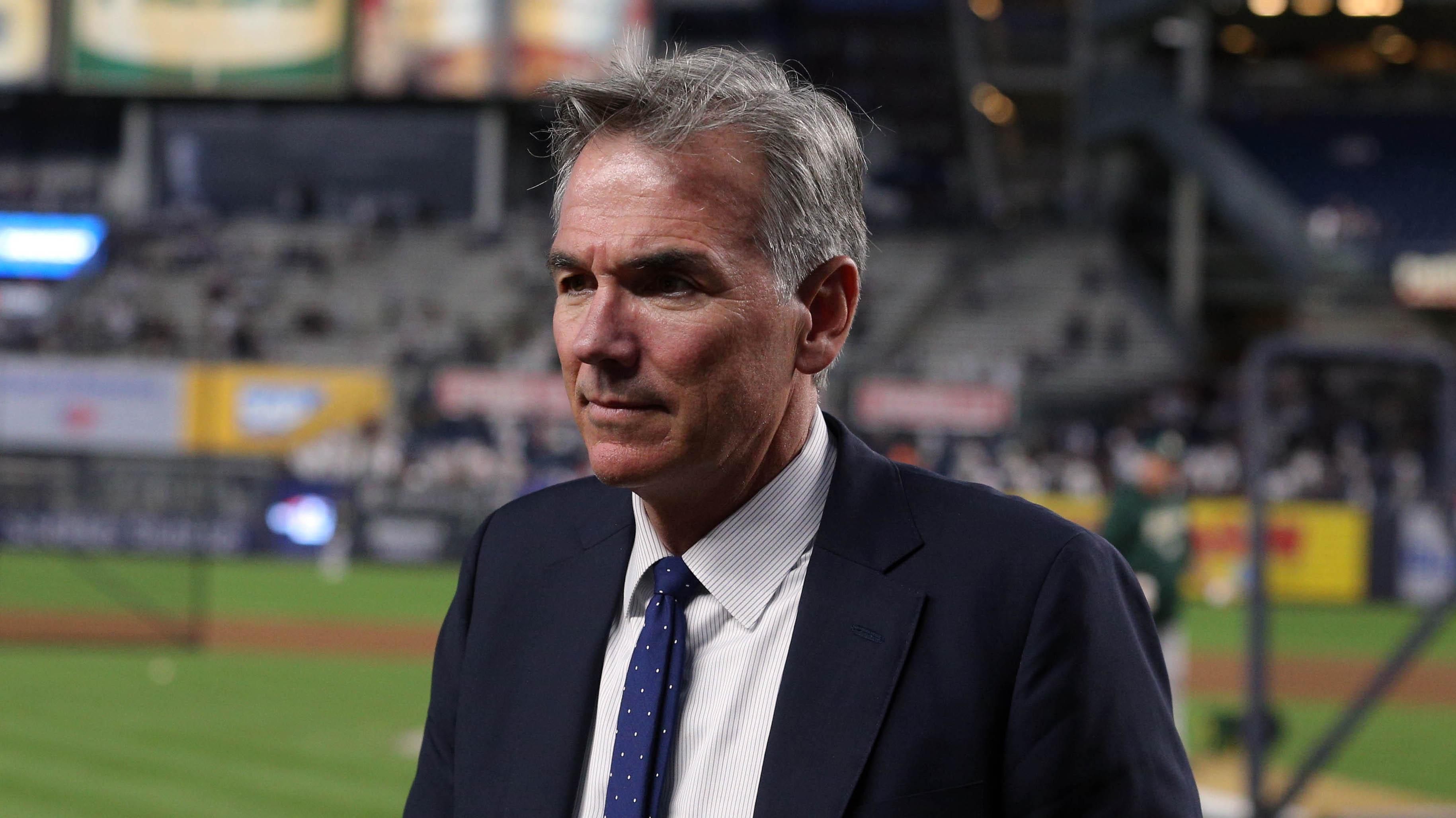 Bronx, NY, USA; Oakland Athletics vice president of baseball operations Billy Beane walks onto the field before the game against the New York Yankees in the 2018 American League wild card playoff baseball game at Yankee Stadium. / Brad Penner-USA TODAY Sports