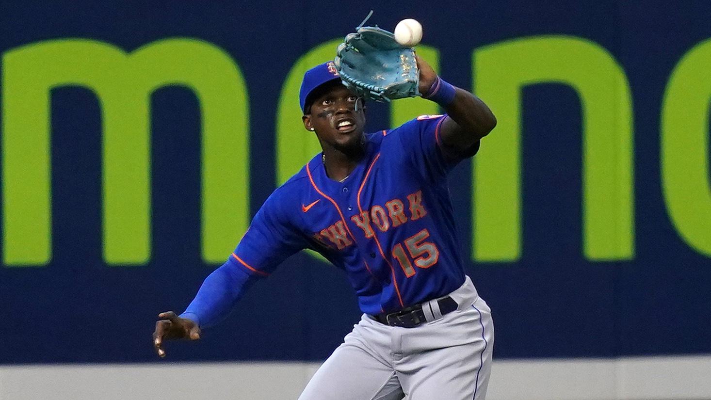 May 23, 2021; Miami, Florida, USA; New York Mets left fielder Cameron Maybin (15) catches the fly ball hit by Miami Marlins first baseman Jesus Aguilar (24, not pictured) in the 1st inning at loanDepot park. / Jasen Vinlove-USA TODAY Sports