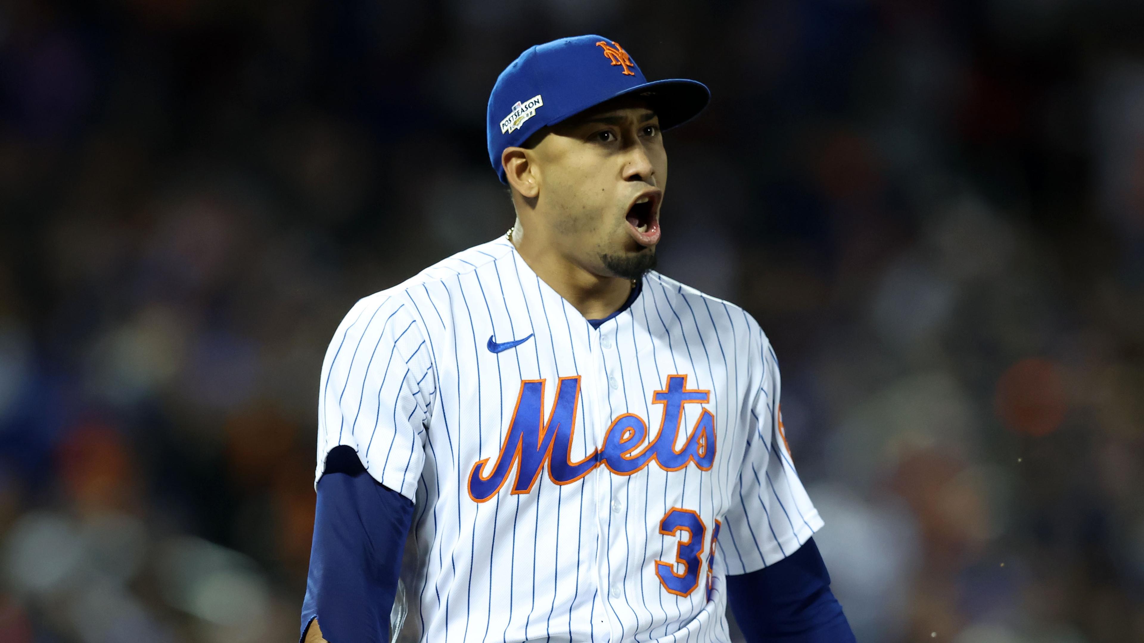 Edwin Diaz screaming Mets pinstripes night game October 2022 / Brad Penner - USA TODAY Sports