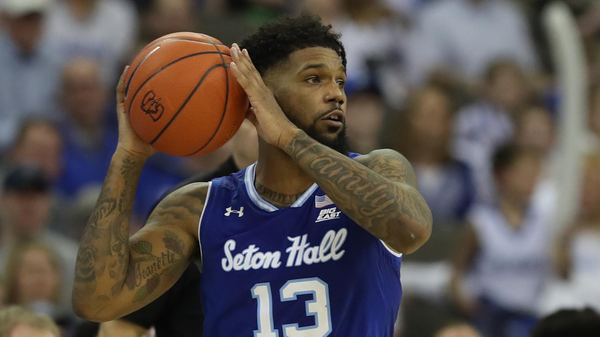 Mar 7, 2020; Omaha, Nebraska, USA; Seton Hall Pirates guard Myles Powell (13) looks to pass in their game against the Creighton Bluejays at CHI Health Center Omaha. Creighton beat Seton Hall 77 to 60. / Reese Strickland-USA TODAY Sports