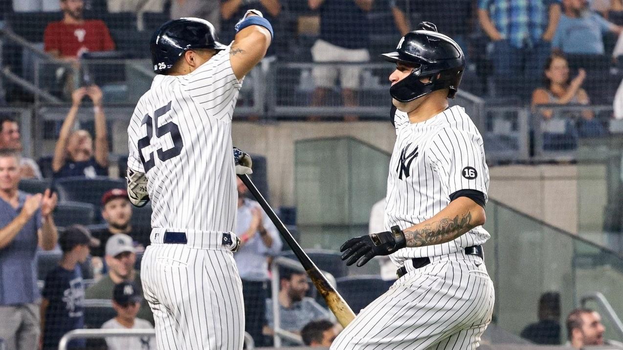 Jul 20, 2021; Bronx, New York, USA; New York Yankees catcher Gary Sanchez (24) celebrates his home run with shortstop Gleyber Torres (25) during the sixth inning against the Philadelphia Phillies at Yankee Stadium. / Vincent Carchietta-USA TODAY Sports
