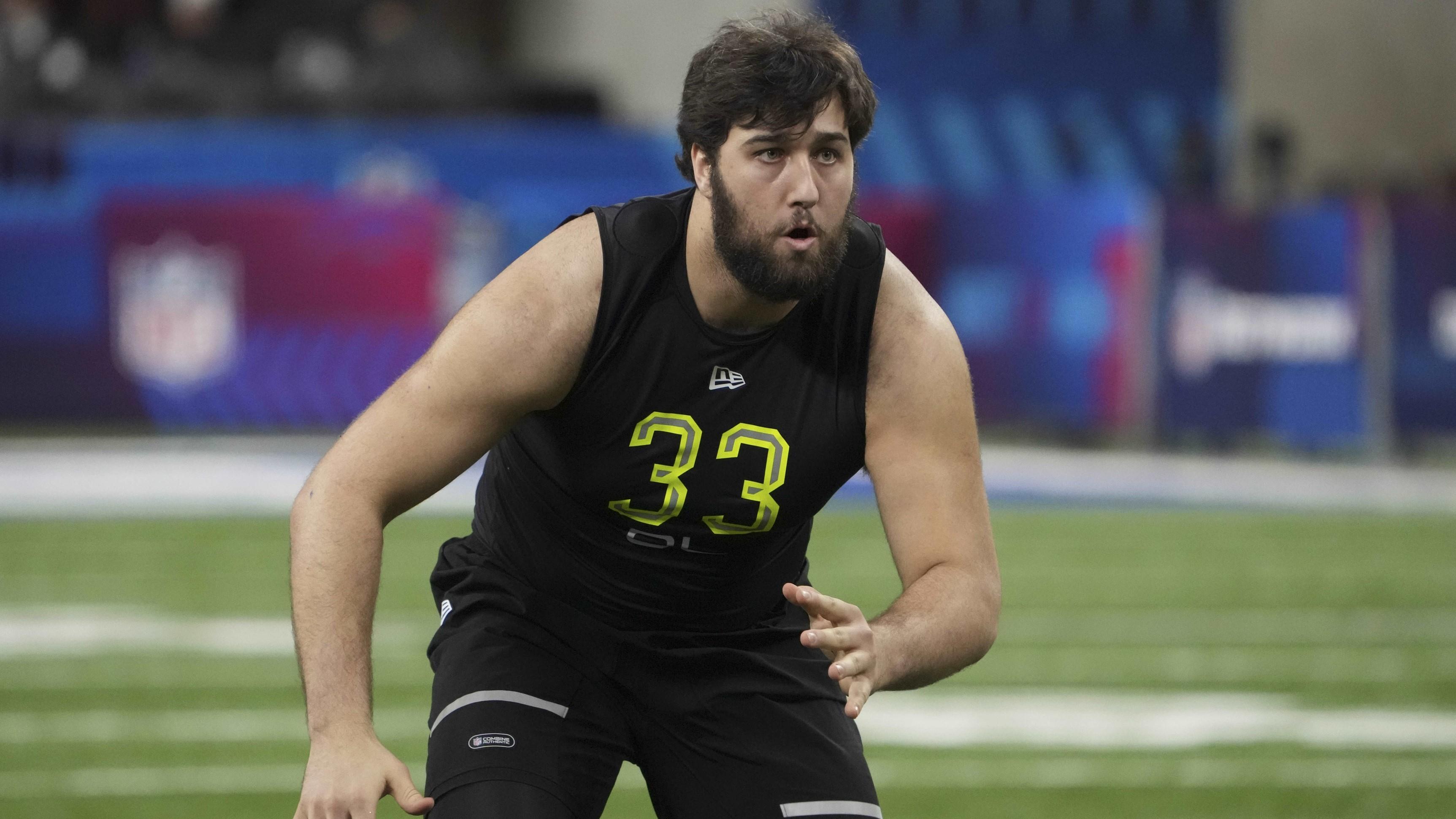 Mar 4, 2022; Indianapolis, IN, USA; Louisiana-lafayette offensive lineman Max Mitchell (OL33) goes through drills during the 2022 NFL Scouting Combine at Lucas Oil Stadium. / Kirby Lee-USA TODAY Sports