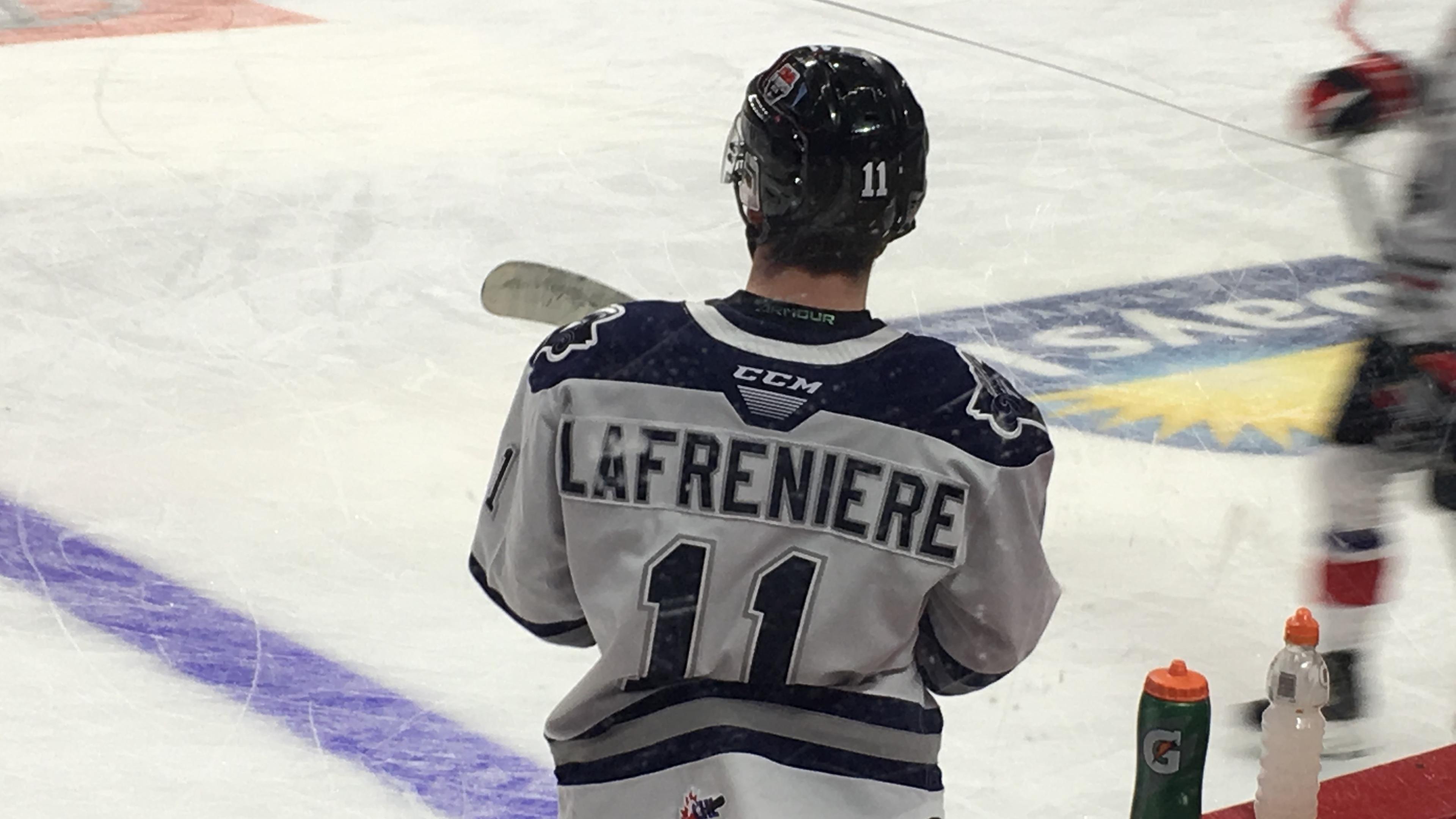 Alexis Lafreniere during warmups at the 2020 Kubota CHL/NHL Top Prospects Game in Hamilton, Ontario. - January 16, 2020 / <a href="http://https://creativecommons.org/licenses/by-sa/4.0/deed.en">RoadTrippinHockey via Creative Commons License</a>