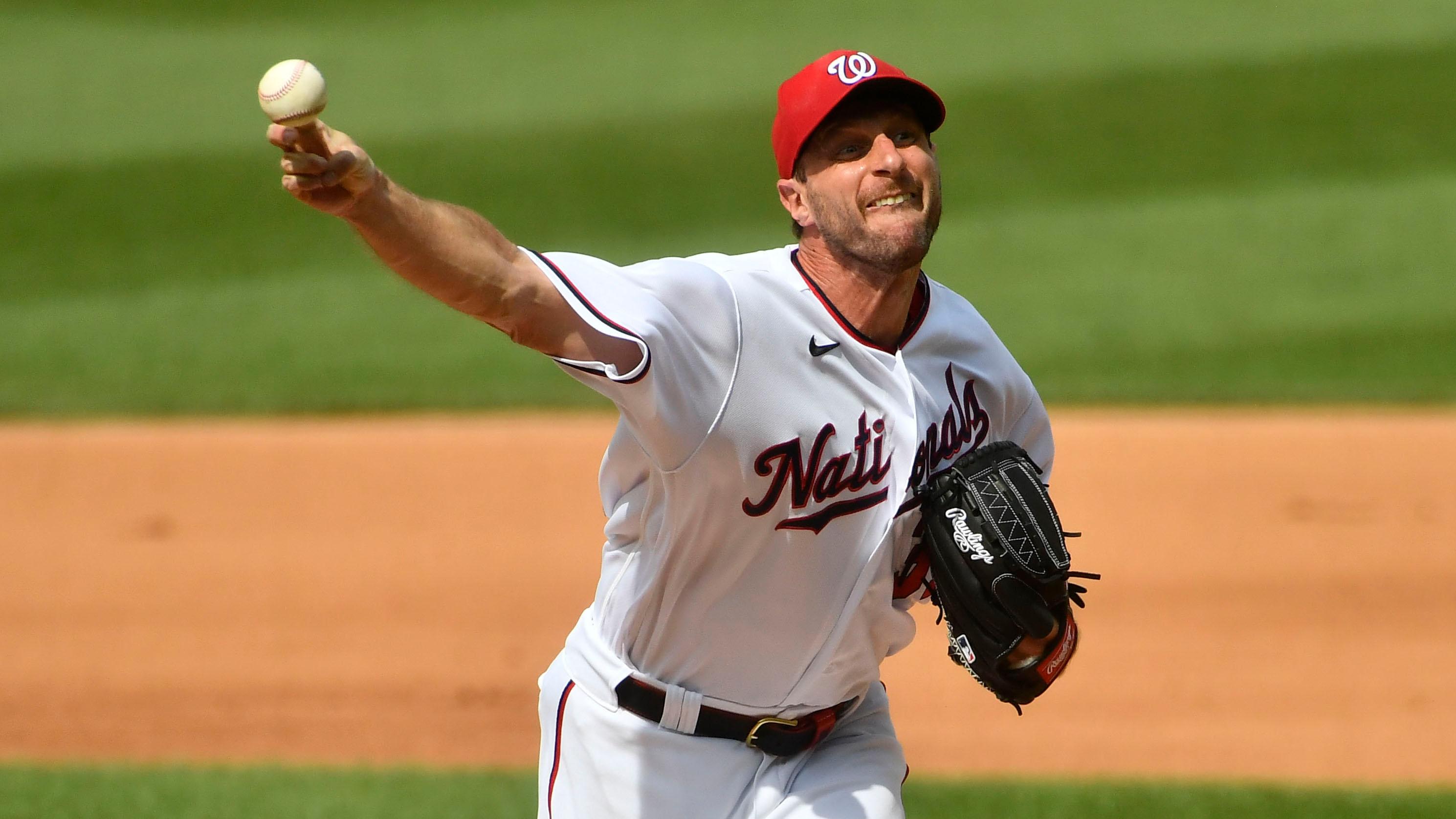 Jul 18, 2021; Washington, District of Columbia, USA; Washington Nationals starting pitcher Max Scherzer (31) throws a pitch against the San Diego Padres during the fourth inning at Nationals Park. / Brad Mills-USA TODAY Sports