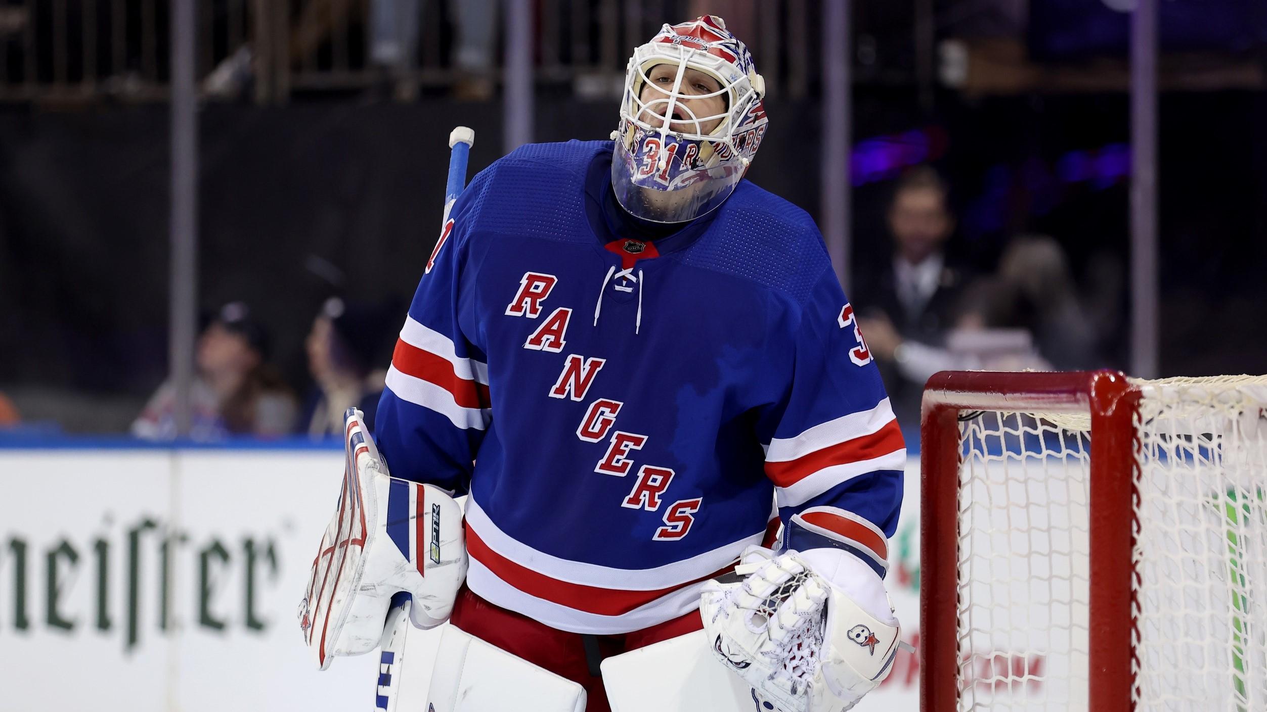 Dec 12, 2023; New York, New York, USA; New York Rangers goaltender Igor Shesterkin (31) reacts during the third period against the Toronto Maple Leafs at Madison Square Garden. / Brad Penner-USA TODAY Sports