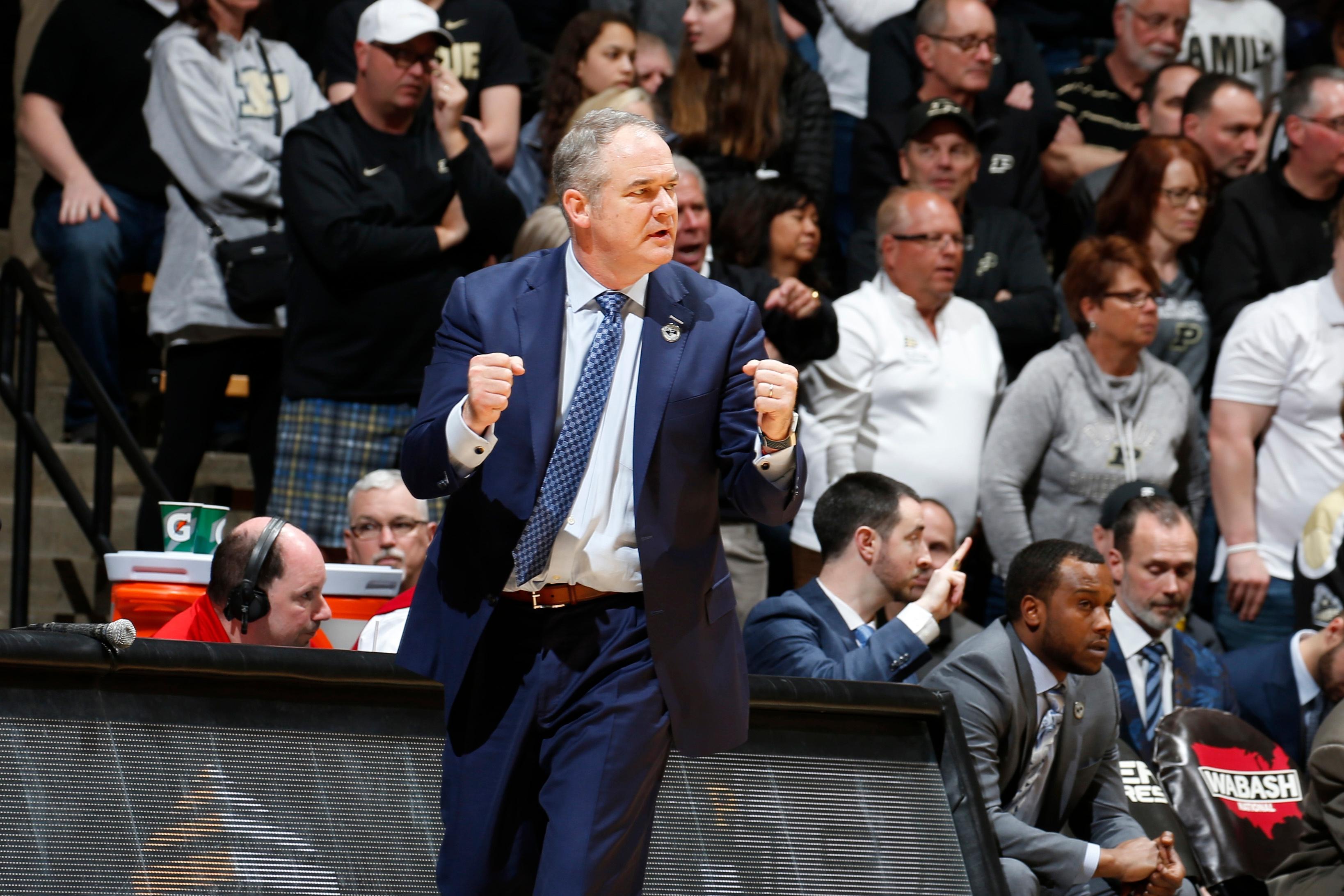 Mar 7, 2020; West Lafayette, Indiana, USA; Rutgers Scarlet Knights coach Steve Pikiell coaches on the sidelines against the Purdue Boilermakers during the second half at Mackey Arena. Mandatory Credit: Brian Spurlock-USA TODAY Sports / © Brian Spurlock-USA TODAY Sports