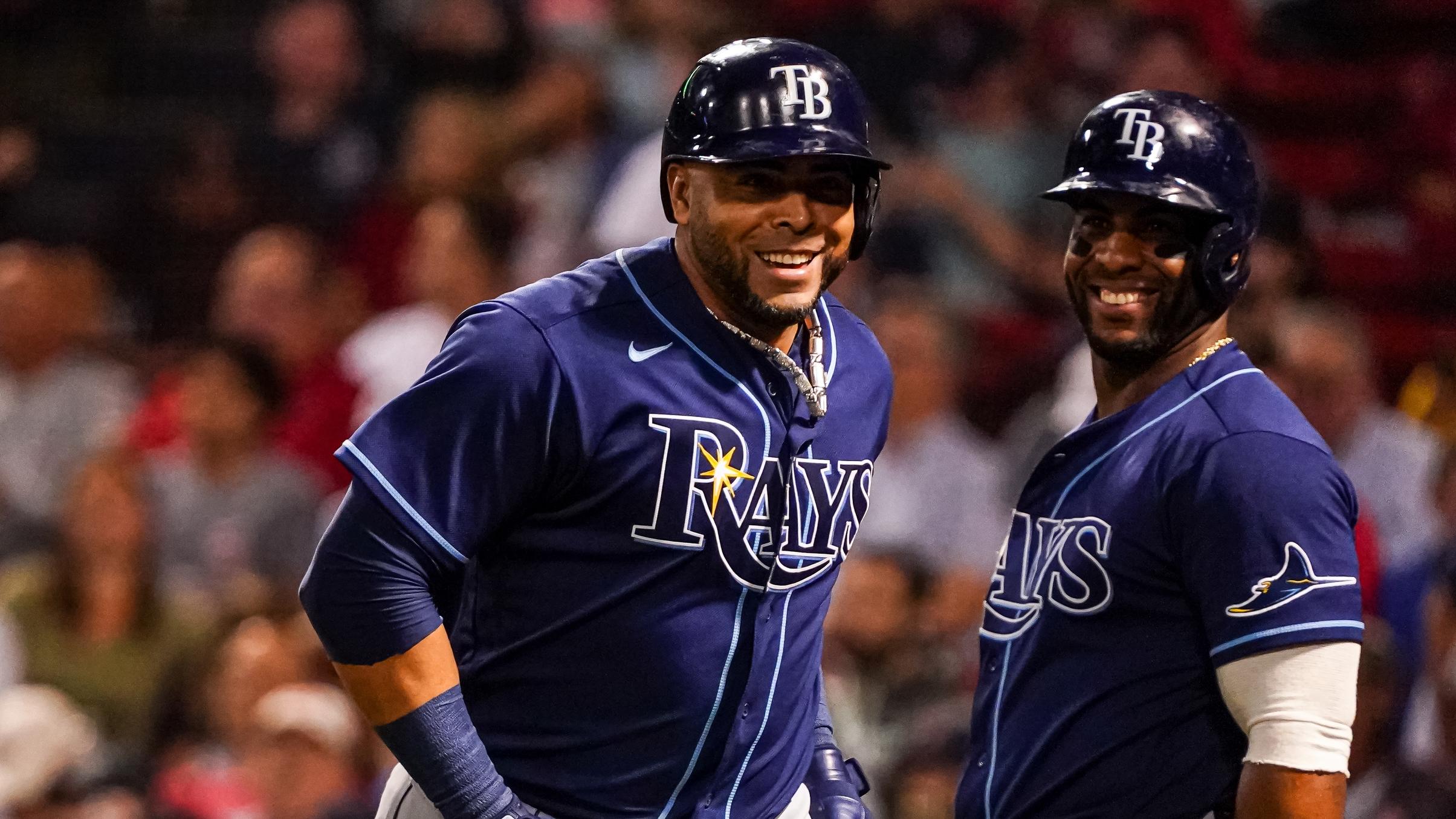 Sep 7, 2021; Boston, Massachusetts, USA; Tampa Bay Rays designated hitter Nelson Cruz (23) reacts after hitting a solo home run against the Boston Red Sox in the fifth inning at Fenway Park. / David Butler II-USA TODAY Sports