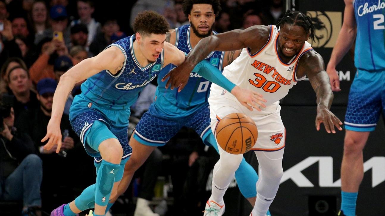 Mar 30, 2022; New York, New York, USA; Charlotte Hornets guard LaMelo Ball (2) steals the ball from New York Knicks forward Julius Randle (30) during the second quarter at Madison Square Garden. / Brad Penner-USA TODAY Sports