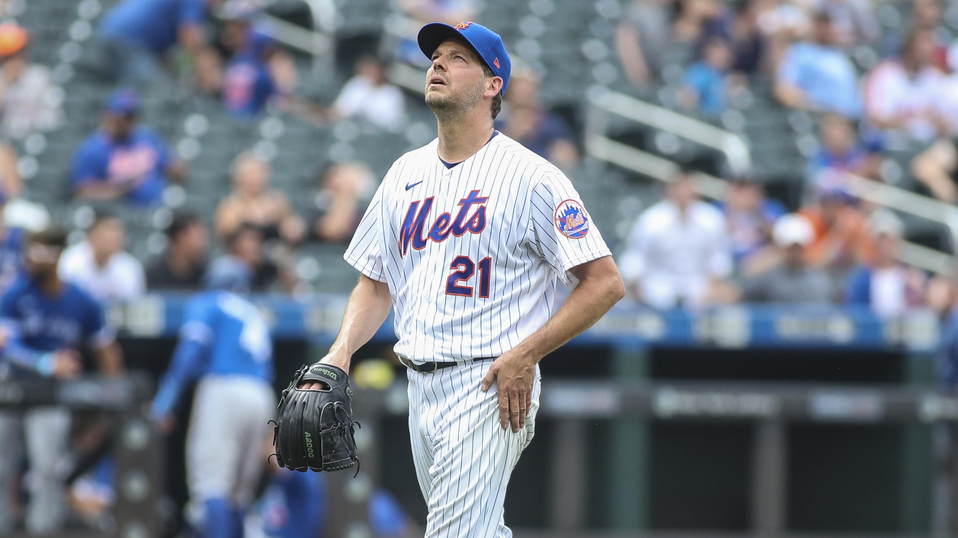 Jul 25, 2021; New York City, New York, USA; New York Mets pitcher Rich Hill (14) walks back to the dugout after being taken out of the game in the sixth inning against the Toronto Blue Jays at Citi Field. / © Wendell Cruz-USA TODAY Sports