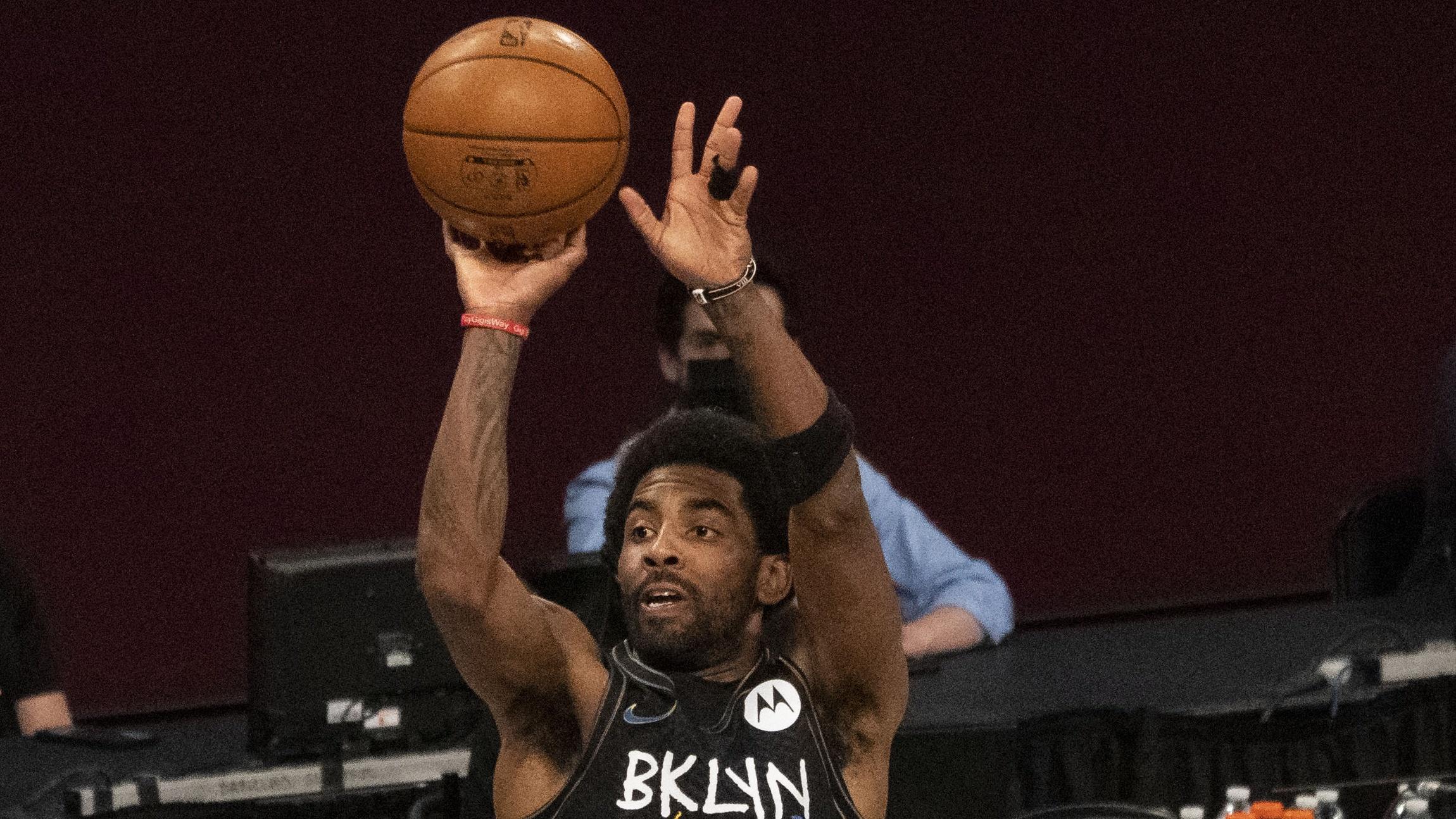 May 16, 2021; Brooklyn, New York, USA; Brooklyn Nets point guard Kyrie Irving (11) shoots a jump shot during the first quarter against the Cleveland Cavaliers at Barclays Center. Mandatory Credit: Gregory Fisher-USA TODAY Sports / © Gregory Fisher-USA TODAY Sports