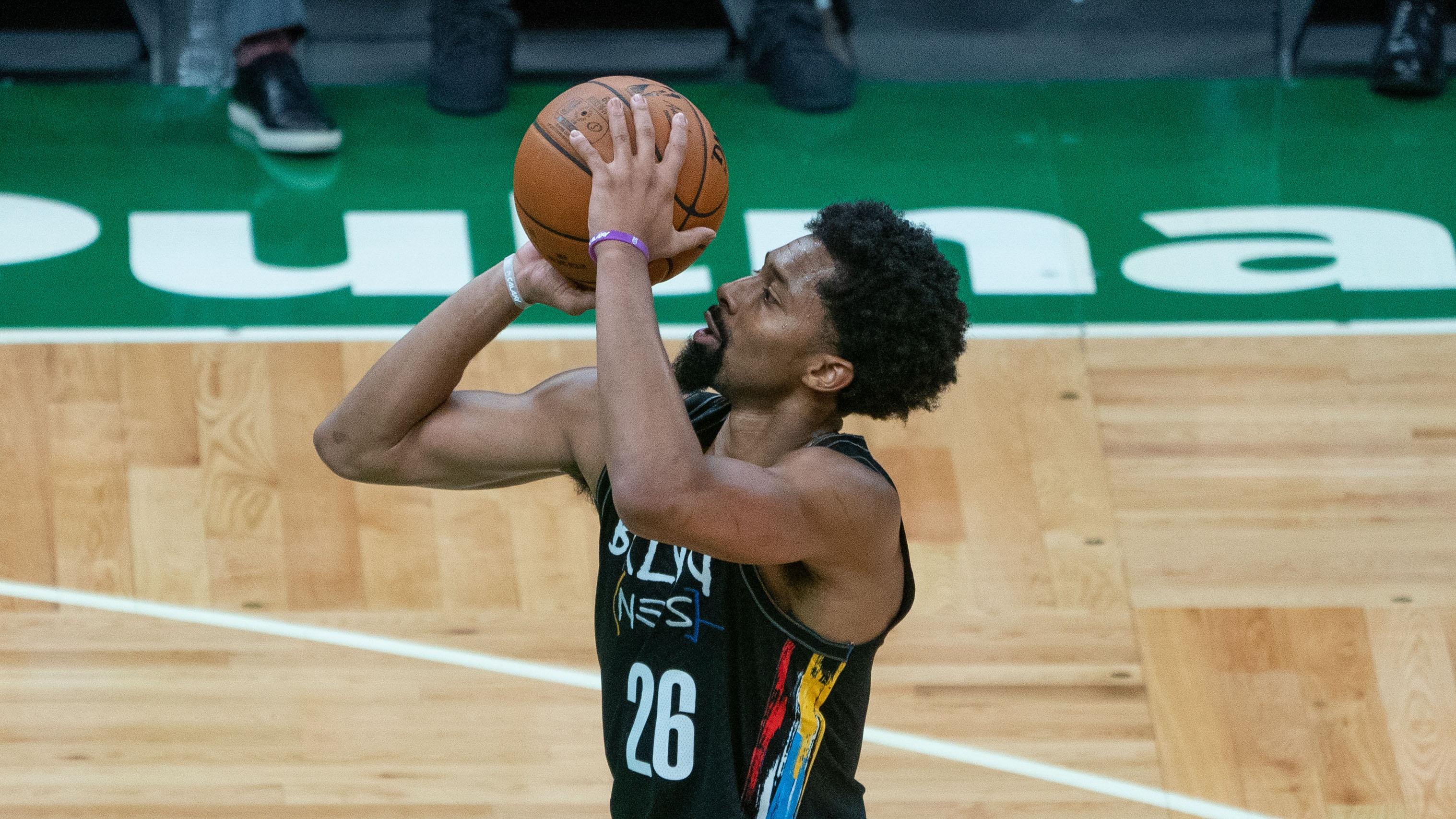 Dec 25, 2020; Boston, Massachusetts, USA; Brooklyn Nets point guard Spencer Dinwiddie (26) shoots a free throw during the third quarter against the Boston Celtics at TD Garden. Mandatory Credit: Gregory Fisher-USA TODAY Sports / © Gregory Fisher-USA TODAY Sports