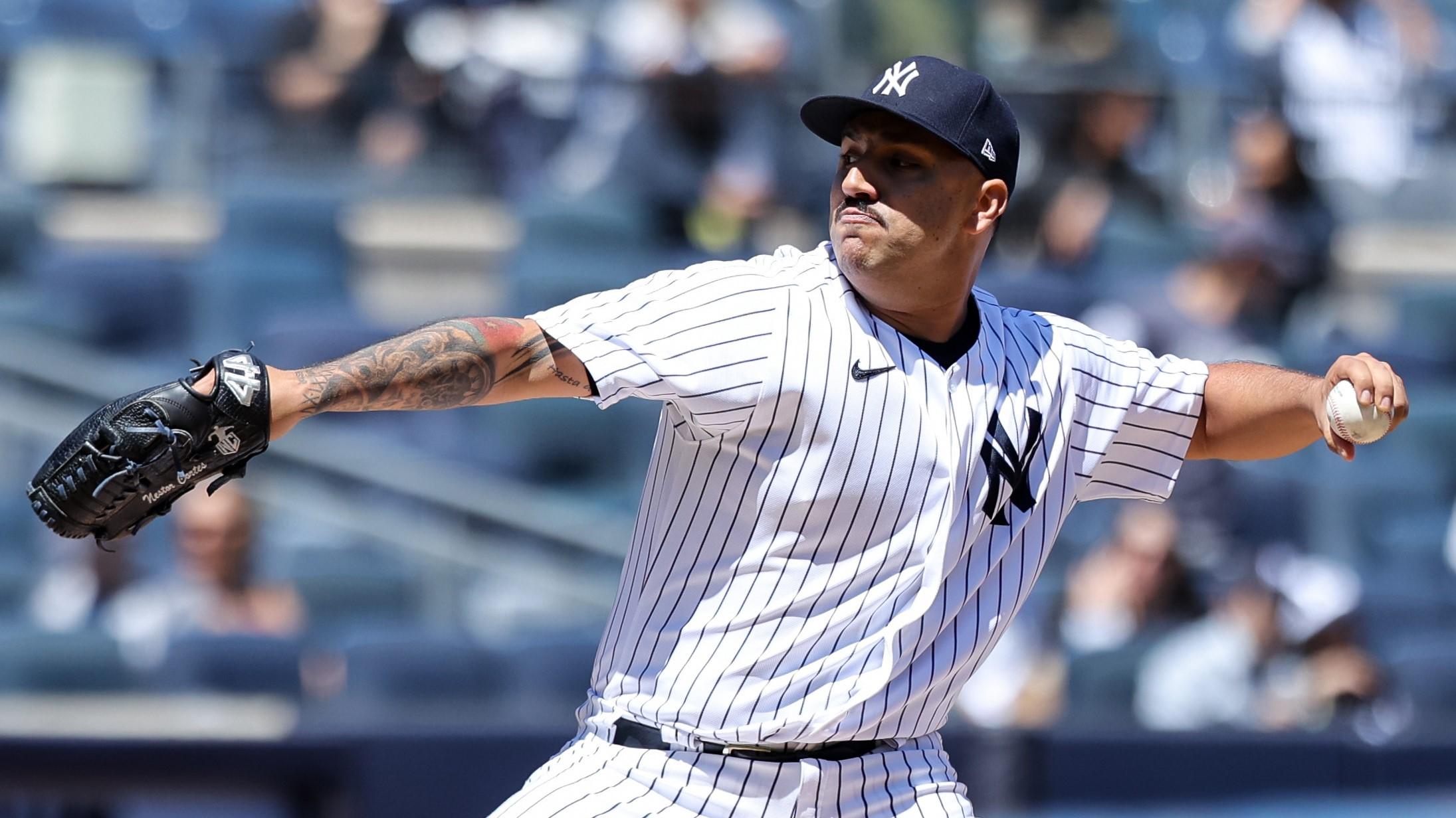 May 9, 2022; Bronx, New York, USA; New York Yankees starting pitcher Nestor Cortes throws a pitch against the Texas Rangers during the second inning at Yankee Stadium. / Jessica Alcheh-USA TODAY Sports