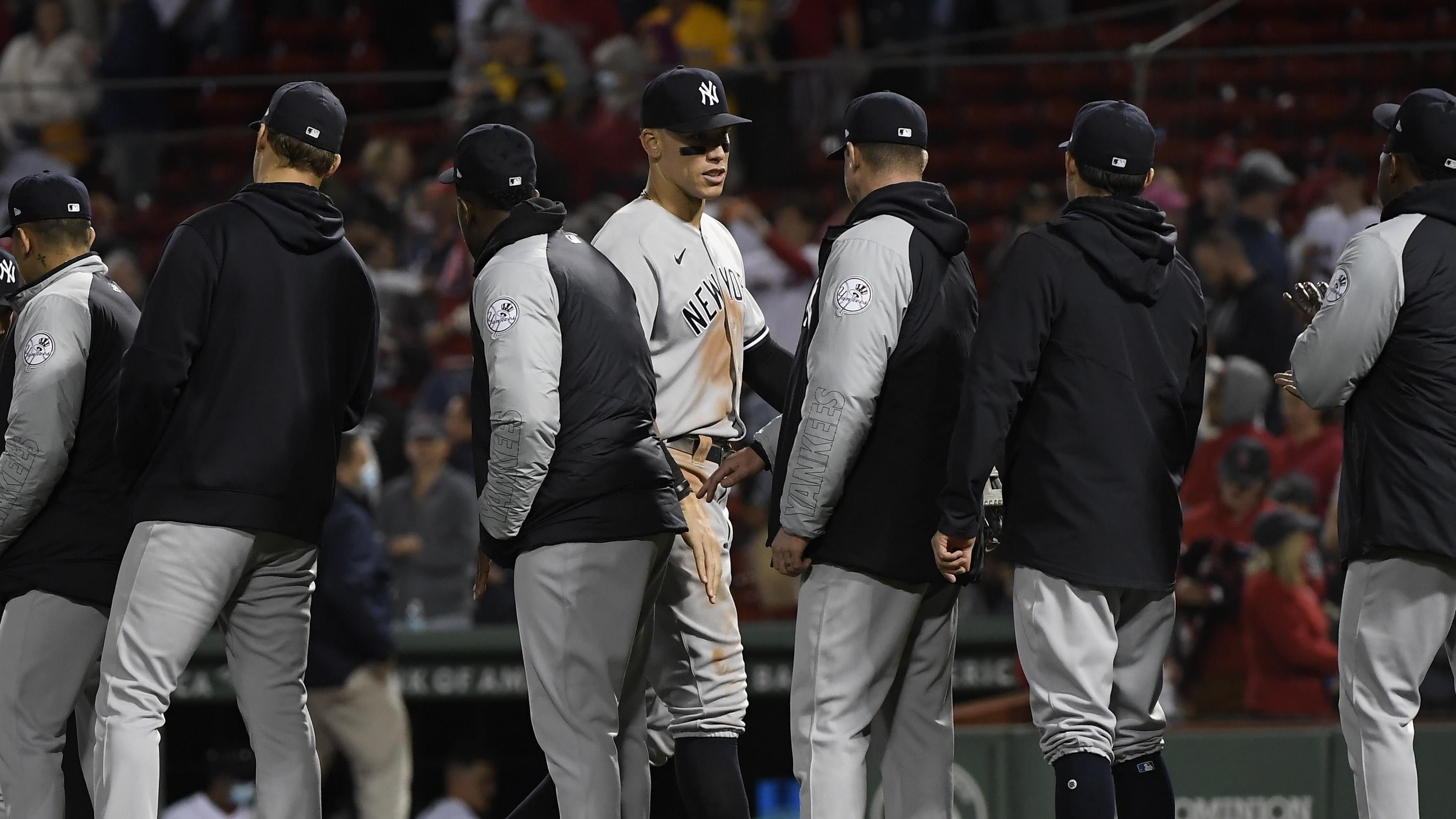 Sep 26, 2021; Boston, Massachusetts, USA; New York Yankees right fielder Aaron Judge (99) and his teammates celebrate after defeating the Boston Red Sox at Fenway Park. Mandatory Credit: Bob DeChiara-USA TODAY Sports / © Bob DeChiara-USA TODAY Sports