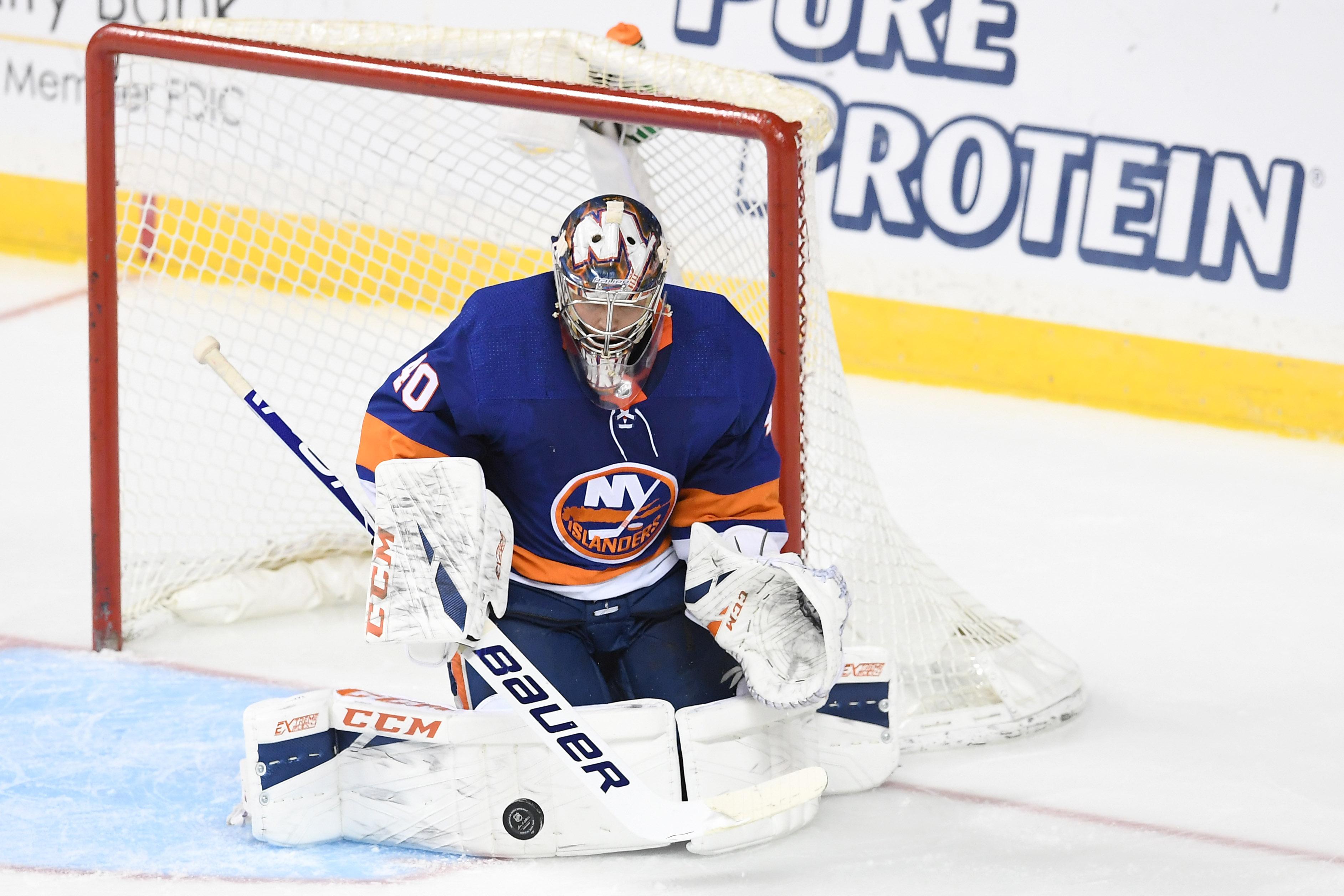New York Islanders goaltender Semyon Varlamov (40) makes a save during the third period against the Boston Bruins at Barclays Center. / Sarah Stier-USA TODAY Sports