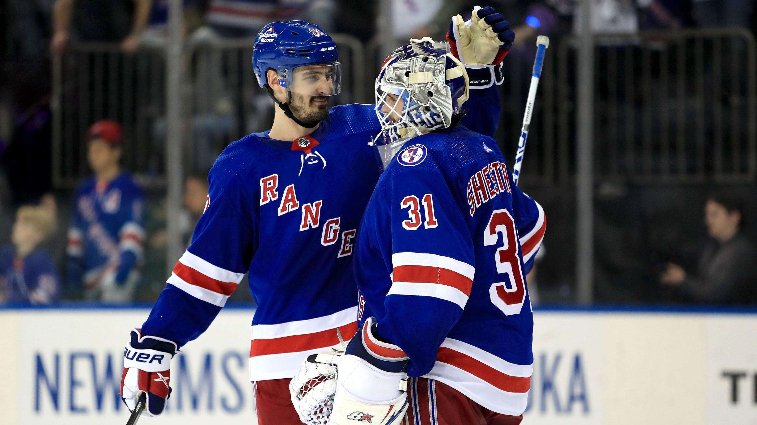 May 22, 2022; New York, New York, USA; New York Rangers left wing Chris Kreider (20) celebrates a 3-1 win against the Carolina Hurricanes with New York Rangers goalie Igor Shesterkin (31) in game three of the second round of the 2022 Stanley Cup Playoffs at Madison Square Garden. / Danny Wild-USA TODAY Sports