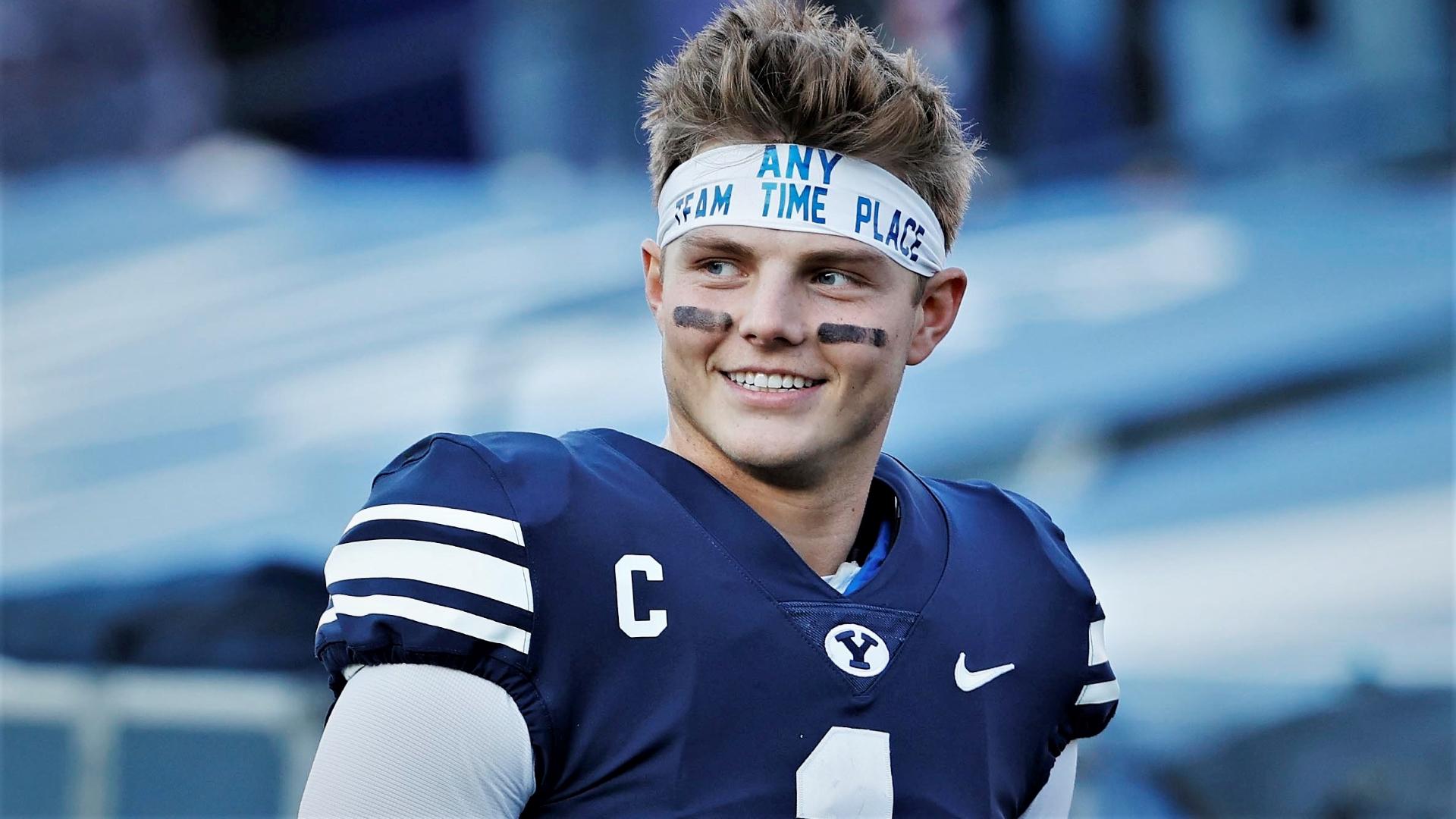 Nov 21, 2020; Provo, UT, USA; BYU quarterback Zach Wilson (1) reacts after their win against North Alabama in an NCAA college football game Saturday, Nov. 21, 2020, in Provo, Utah. Mandatory Credit: Jeff Swinger/Pool Photo-USA TODAY NETWORK / © USA TODAY NETWORK
