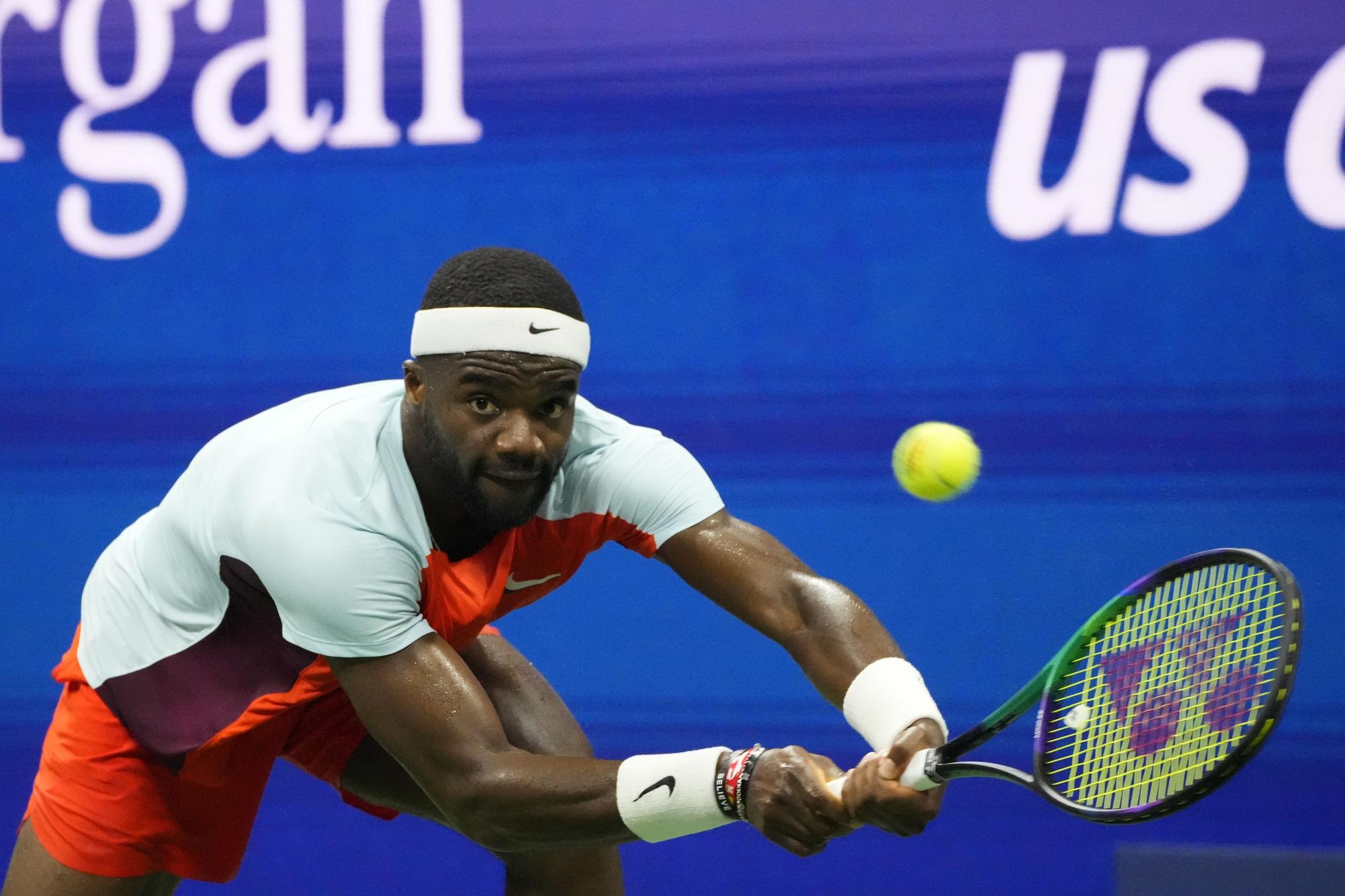 Frances Tiafoe (USA) reaches for a backhand against Carlos Alcaraz (ESP) (not pictured) in a men's singles semifinal on day twelve of the 2022 U.S. Open tennis tournament at USTA Billie Jean King Tennis Center. / Robert Deutsch-USA TODAY Sports