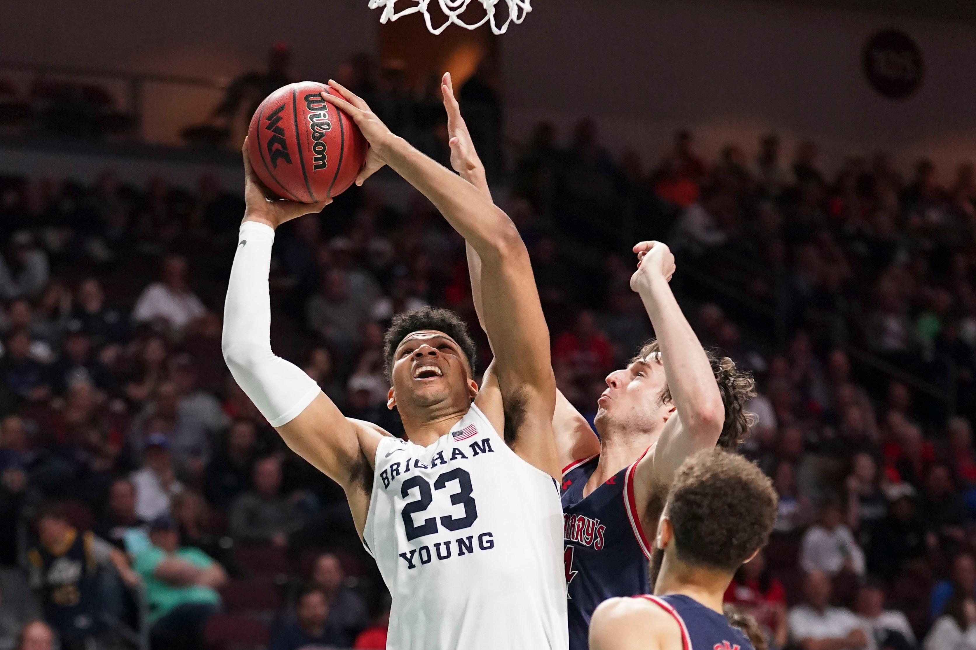 March 9, 2020; Las Vegas, NV, USA; BYU Cougars forward Yoeli Childs (23) shoots the basketball against the Saint Mary's Gaels during the second half during the semifinal game in the WCC Basketball Championships at Orleans Arena. / Kyle Terada-USA TODAY Sports