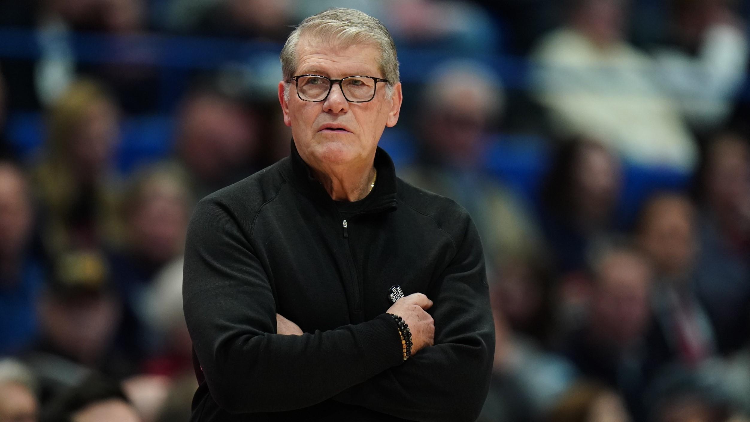 Feb 7, 2024; Hartford, Connecticut, USA; UConn Huskies head coach Geno Auriemma watches from the sideline as they take on the Seton Hall Pirates at XL Center. / David Butler II-USA TODAY Sports