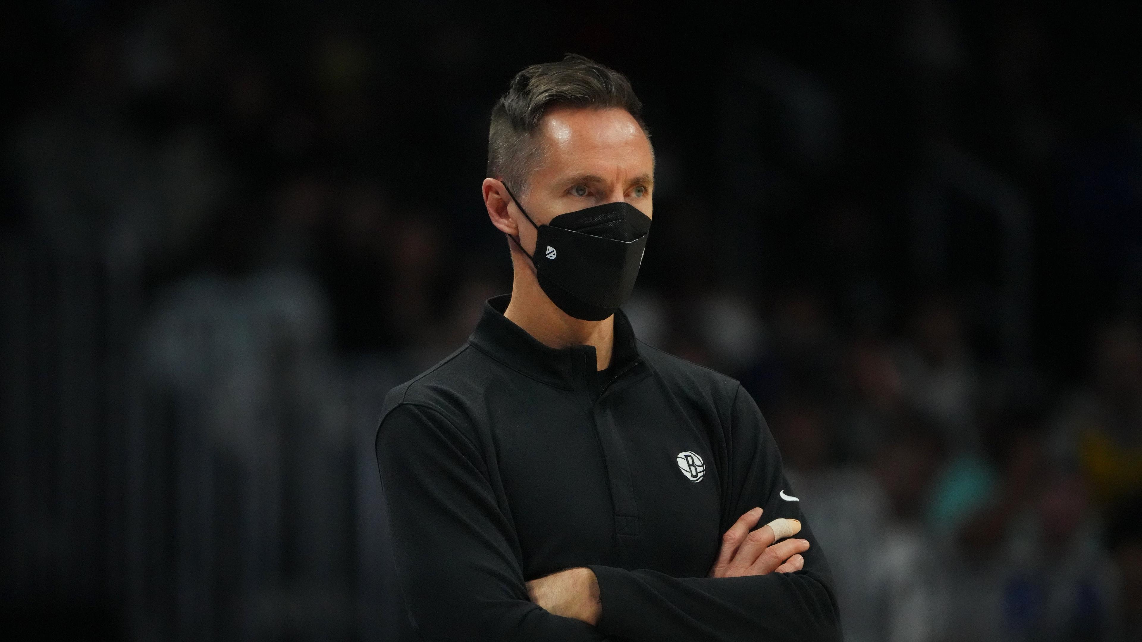Feb 6, 2022; Denver, Colorado, USA; Brooklyn Nets head coach Steve Nash during the the second half against the Denver Nuggets at Ball Arena. Mandatory Credit: Ron Chenoy-USA TODAY Sports / Ron Chenoy-USA TODAY Sports