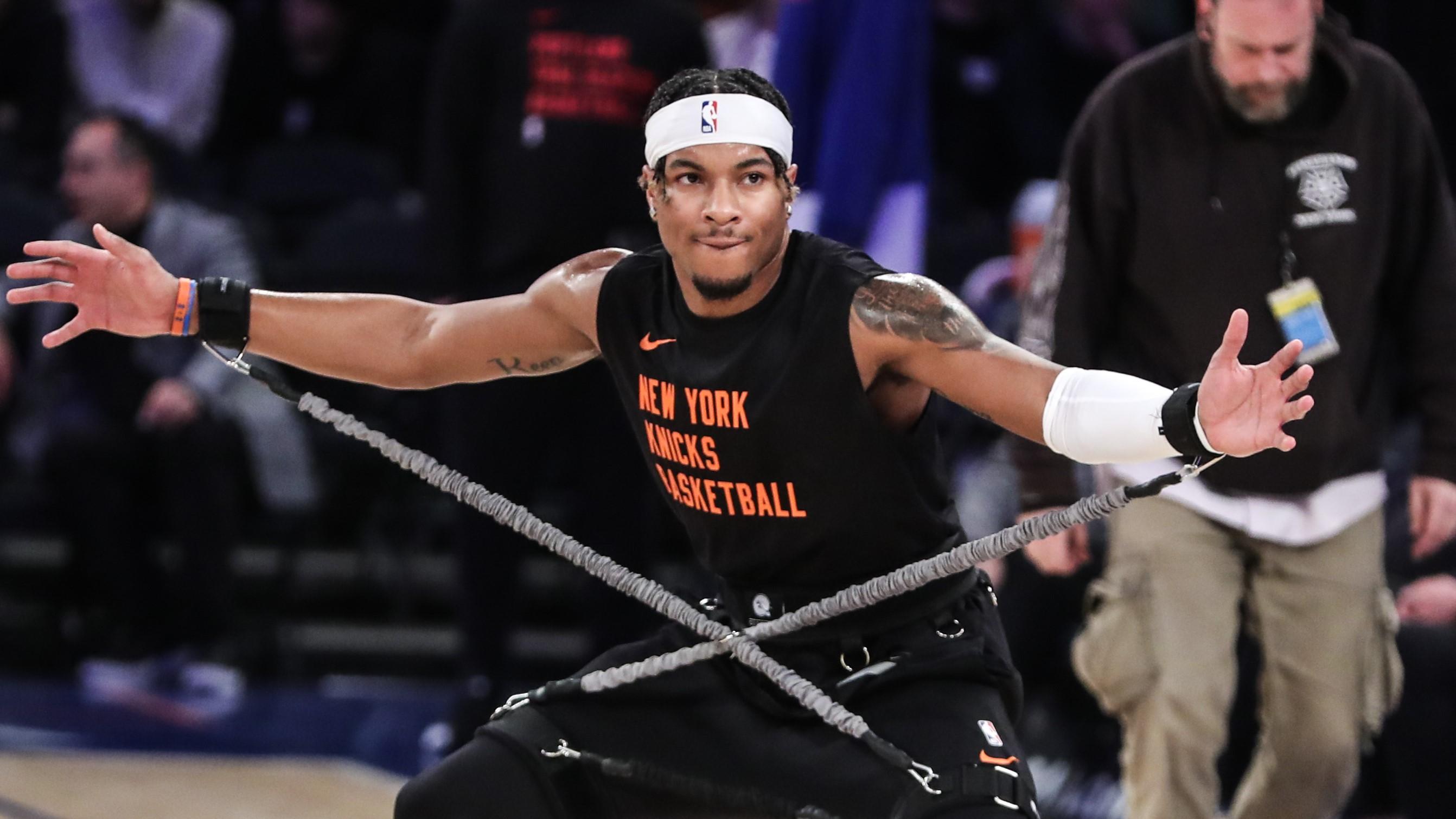 Jan 9, 2024; New York, New York, USA; New York Knicks guard Miles McBride (2) warms up prior to the game against the Portland Trail Blazers at Madison Square Garden. Mandatory Credit: Wendell Cruz-USA TODAY Sports / © Wendell Cruz-USA TODAY Sports