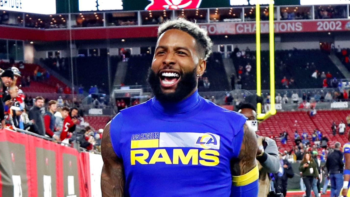Jan 23, 2022; Tampa, Florida, USA; Los Angeles Rams wide receiver Odell Beckham Jr. (3) celebrates after beating the Tampa Bay Buccaneers in a NFC Divisional playoff football game at Raymond James Stadium. / Kim Klement-USA TODAY Sports