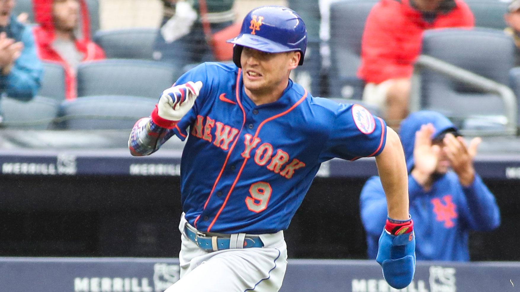 Jul 3, 2021; Bronx, New York, USA; New York Mets center fielder Brandon Nimmo (9) heads home to score the first run of the game in the fifth inning against the New York Yankees at Yankee Stadium. / Wendell Cruz-USA TODAY Sports