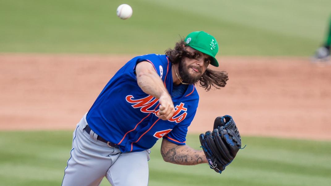 Mar 17, 2021; Jupiter, Florida, USA; New York Mets relief pitcher Robert Gsellman (44) delivers a pitch during a spring training game between the Miami Marlins and the New York Mets at Roger Dean Chevrolet Stadium. / Mary Holt-USA TODAY Sports