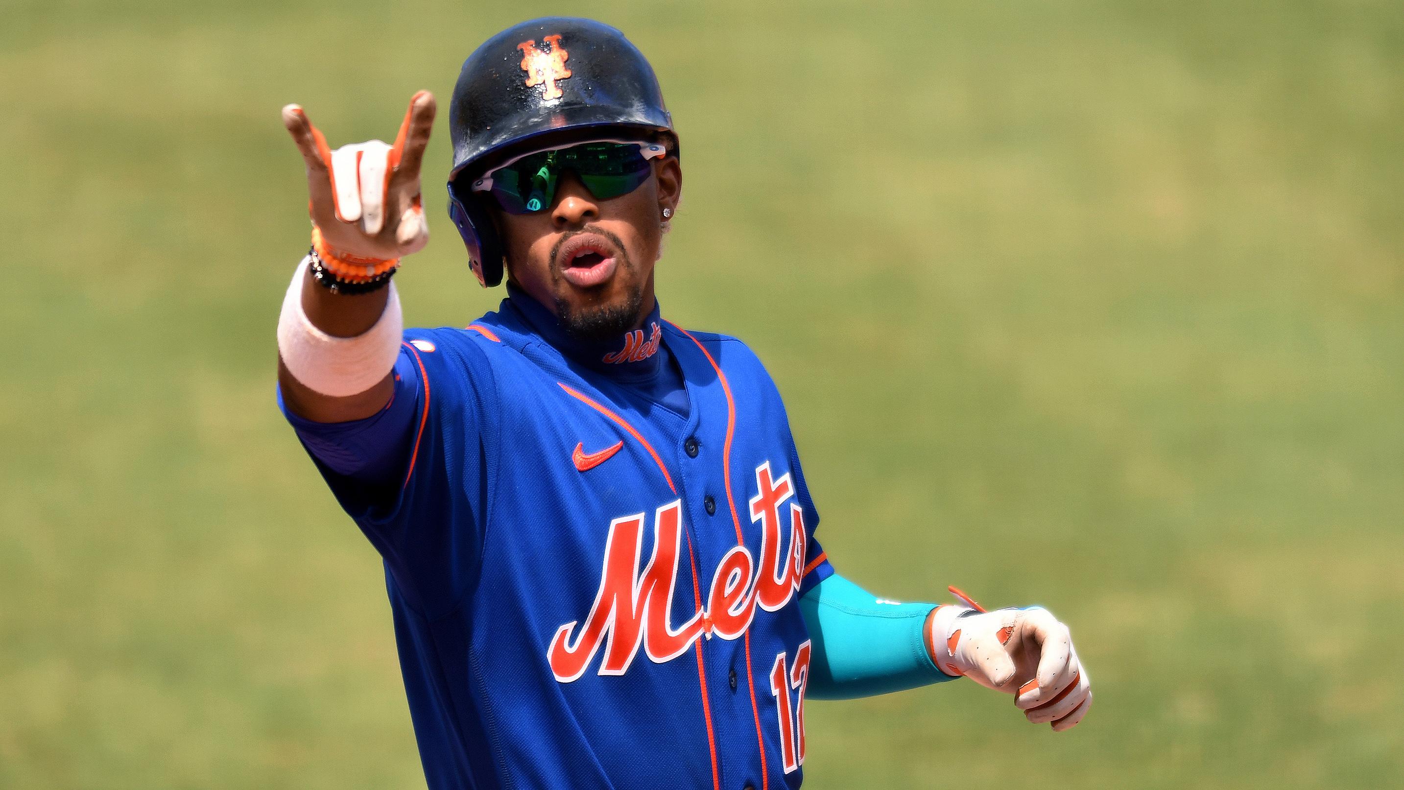 Mar 23, 2021; Port St. Lucie, Florida, USA; New York Mets shortstop Francisco Lindor (12) gestures after hitting a home run in the fifth inning against the Miami Marlins during a spring training game at Clover Park. / Jim Rassol-USA TODAY Sports