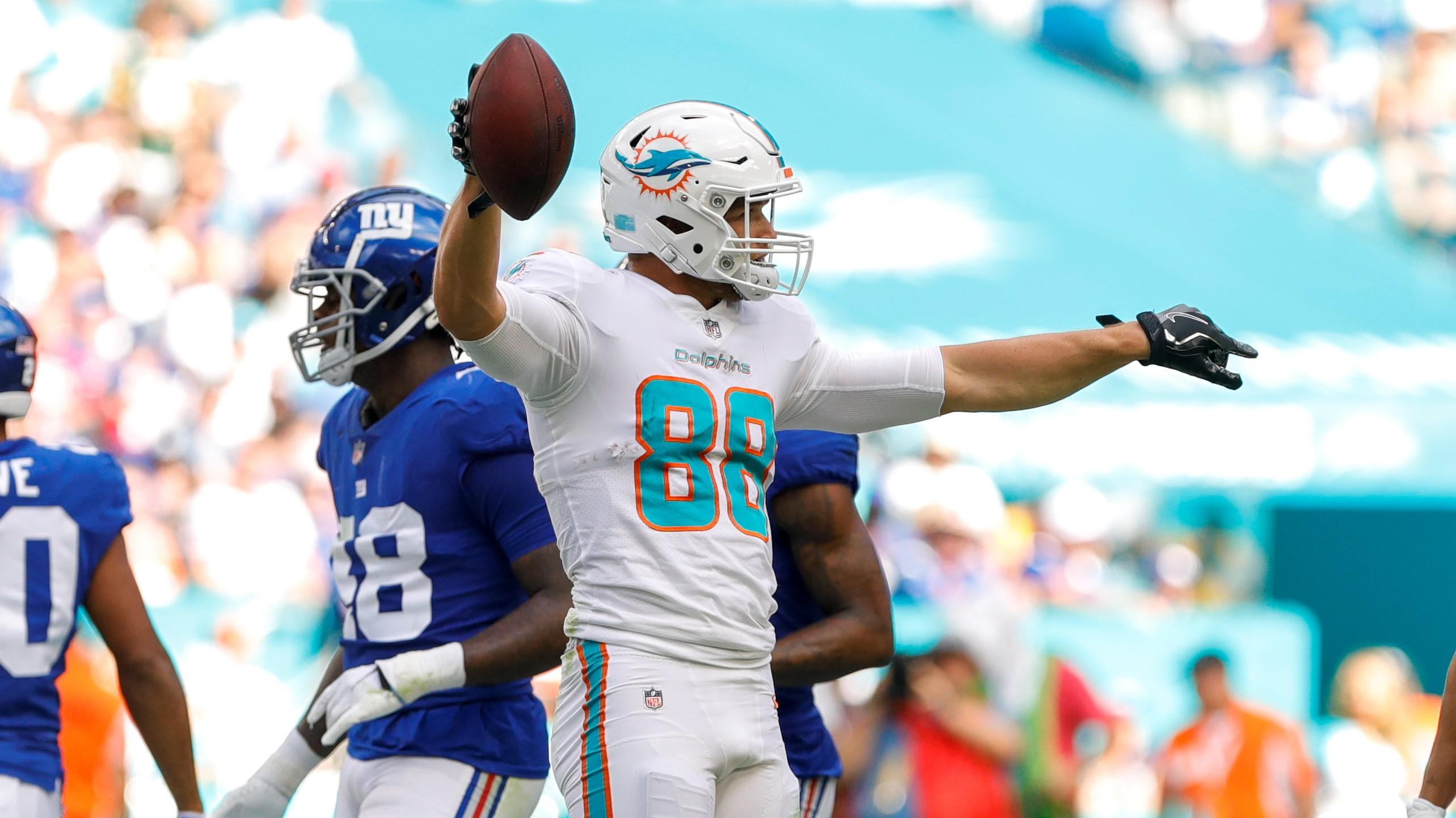 Dec 5, 2021; Miami Gardens, Florida, USA; Miami Dolphins tight end Mike Gesicki (88) reacts after making a catch against the New York Giants during the first half at Hard Rock Stadium. Mandatory Credit: Sam Navarro-USA TODAY Sports / Sam Navarro-USA TODAY Sports